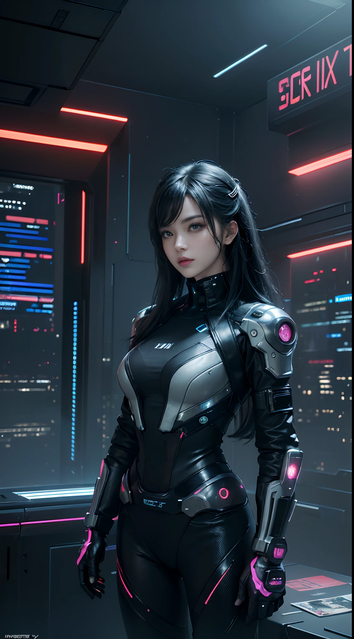 Best image quality, Masterpiece, Ultra-high resolution, (Fidelity:1.4), Photo,  Movie, ((cyber punk perssonage)), cyber outfit, Futuristic, ((Award-winning ultra-realistic photos))，（Hyper-detailing），（Complicated details），（High resolution CGI artwork 8k），a girl in，Futuristic cyberpunk living room/Bedrooms/kitchens/terrazzo，Detailed cyberpunk cityscape。Futuristic style，There are many colors and LED lights。The cityscape should be very detailed，depth of fields。Create depth with atmospheric lighting，Wide-angle lens showing rooms and windows。Use atmospheric and volumetric lighting to enhance cityscape detail。The room should be illuminated by the neon lights of the cityscape, Pastel textured colored background, Colourful, vibrant