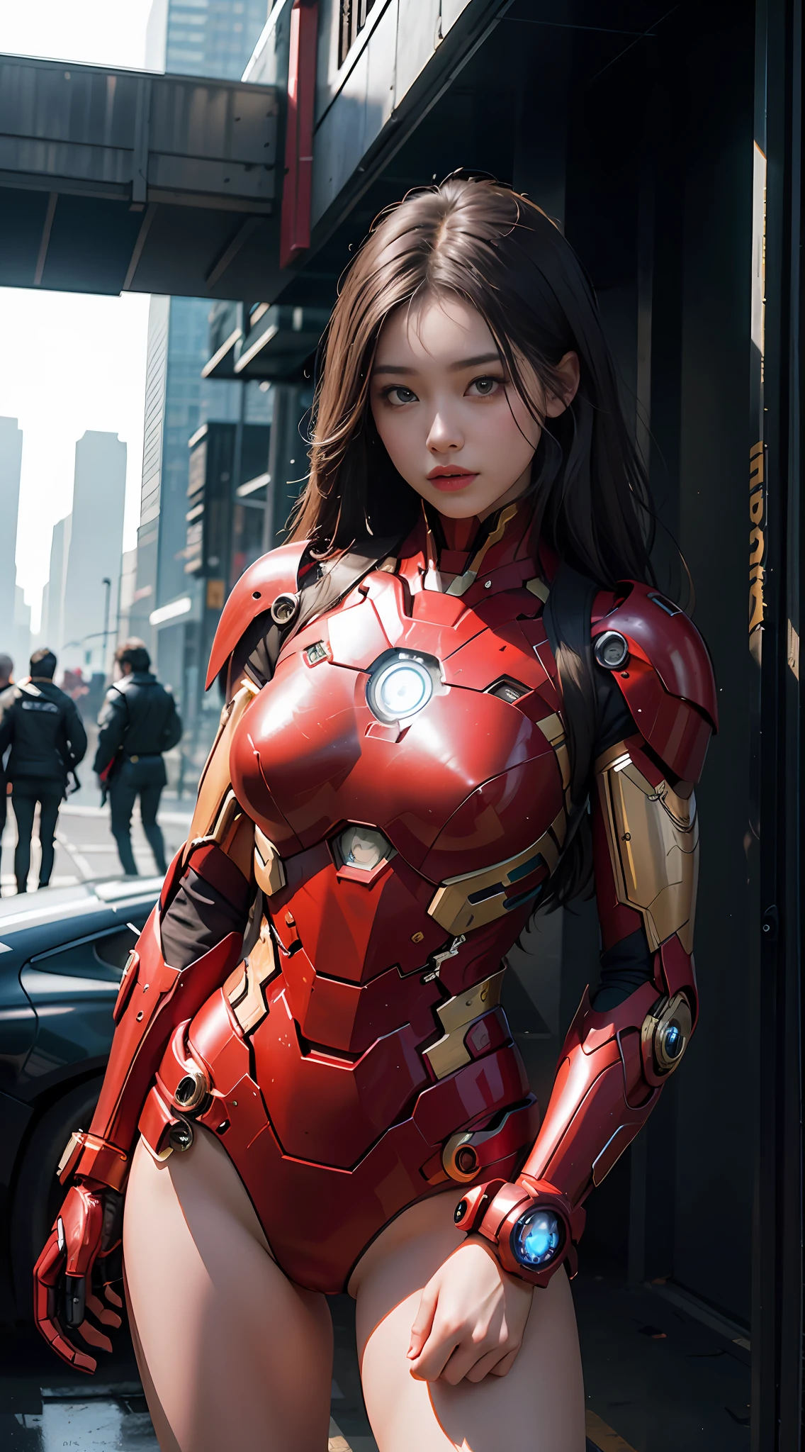 primitive, Masterpiece, ultra fine photos,, Best quality, 超高分辨率, Photorealistic, Sunlight, Full body portrait, stunningly beautiful,, dynamicposes, Delicate face, Vibrant eyes, (Side view) , she wears a futuristic Iron Man mecha, Red and gold color scheme, Highly detailed abandoned warehouse background, Detailed face, Detailed and complex busy background, Messy, Gorgeous, Milky white, Sexy design, highdetailskin, Realistic skin details, Visible pores , Sharp focus, volume fog, 8K UHD, SLR camera, High quality, filmgrain, Fair skin, Photorealism, DL, sprawling metropolis in futuristic dystopia, View from below, Translucent