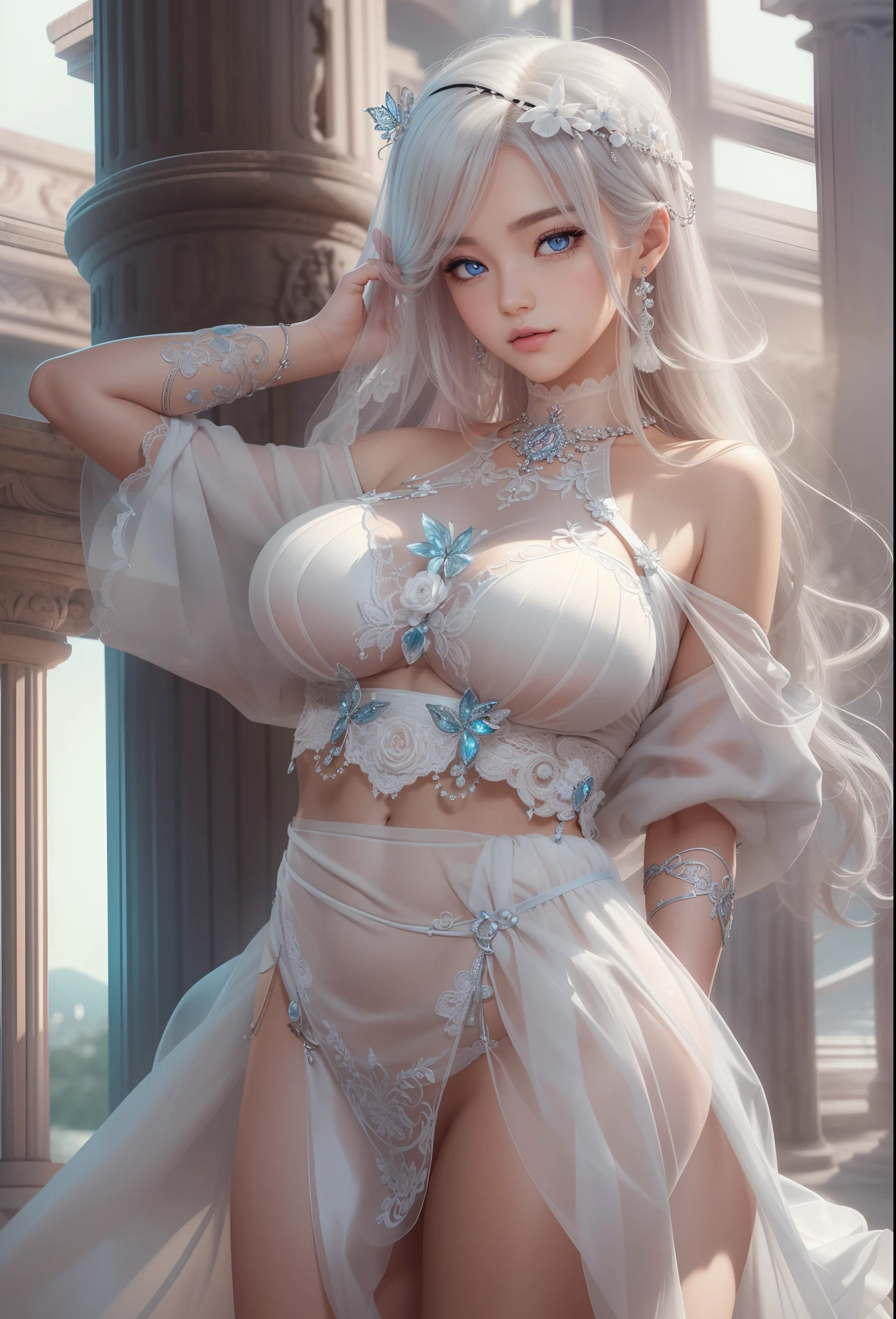 ulzzang-6500-v1.1, (raw photo:1.2), (photorealistic:1.4), beautiful detailed girl suductively posing half nude, white hair and blue eyes, very detailed eyes and face, beautiful detailed eyes, absurd, incredibly ridiculous, huge file size, super detailed, high resolution, very detailed, best quality, masterpiece, kemomimi, ((Her large breasts are seen through the see-through top)), illustration, very detailed, CG, unified, 8k wallpaper, Amazing, fine details, masterpiece, best quality, very detailed CG unified 8k wallpaper, face light, movie lighting, 1girl, 16 years old, ((dynamic pose))) (black stockings)), ancient Greek roman background