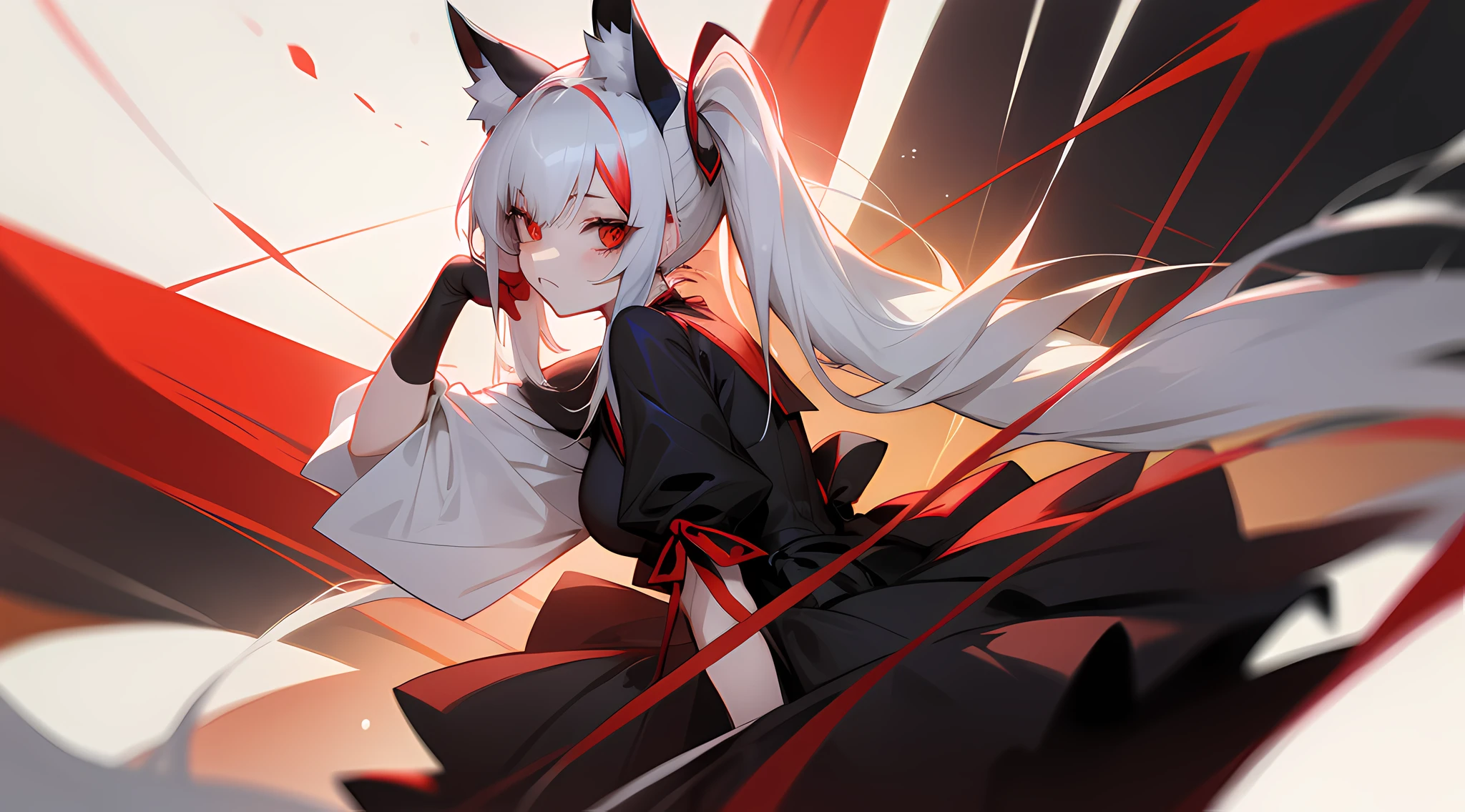 anime girl, long twin tail hair, black to cream fade hair color, right eye red, left eye grey, fox mask on side of head, light coloured skin, dark red goth dress, Kurumi Tokisaki