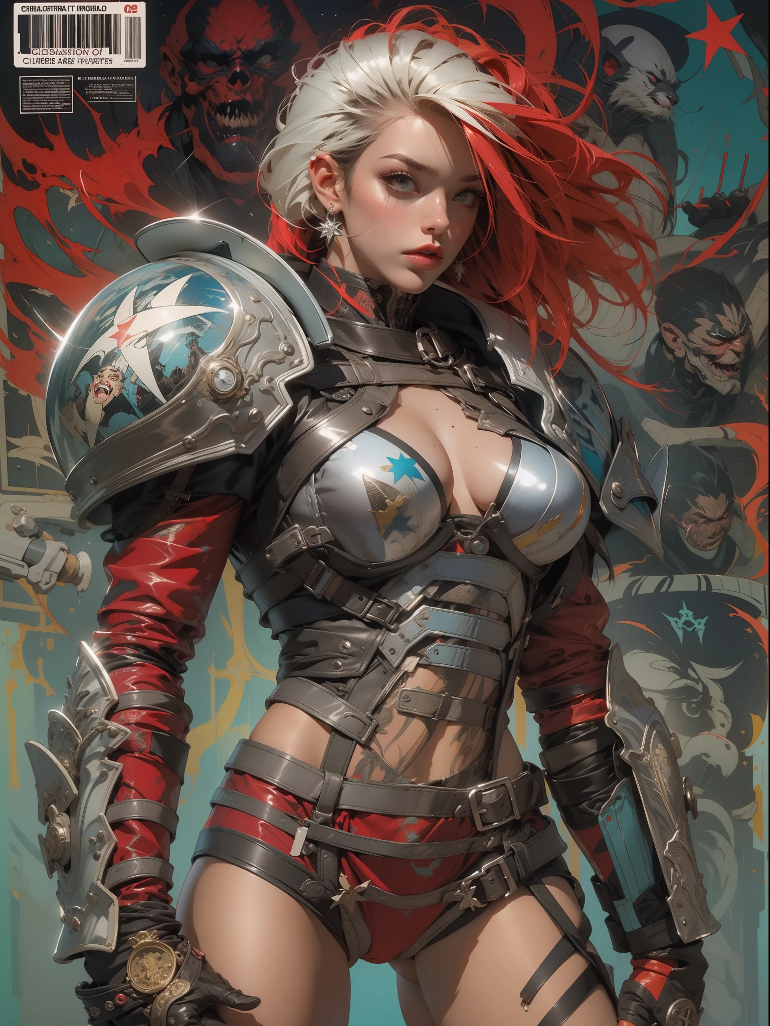 (((mulher))), (((melhor qualidade))), (((obra prima))), (((adulto))), (((1girl))), ((( corte de cabelo bob ))), Uma gladiadora cyberpunk mulher de 25 anos com corpo perfeito, shoulder pads with metal spines, Gladiadores do Brooklyn, (( corte de cabelo bob )), tiny leather panties, camiseta de time de rugby rasgada, quase nua no estilo selvagem urbano de Simon Bisley para a capa da revista Heavy Metal, Cabelo loiro curto, Minimum clothing, Metal protection on the left arm with intricate graphics, Dark red with white stars and blue and white striped pattern, armadura, cheio de pontas e rebites, tatuagem de veneno (((do joelho pra cima))), cabelos loiro branco curto, no fundo uma parede pintada por Shepard Fairey com um design intrincado