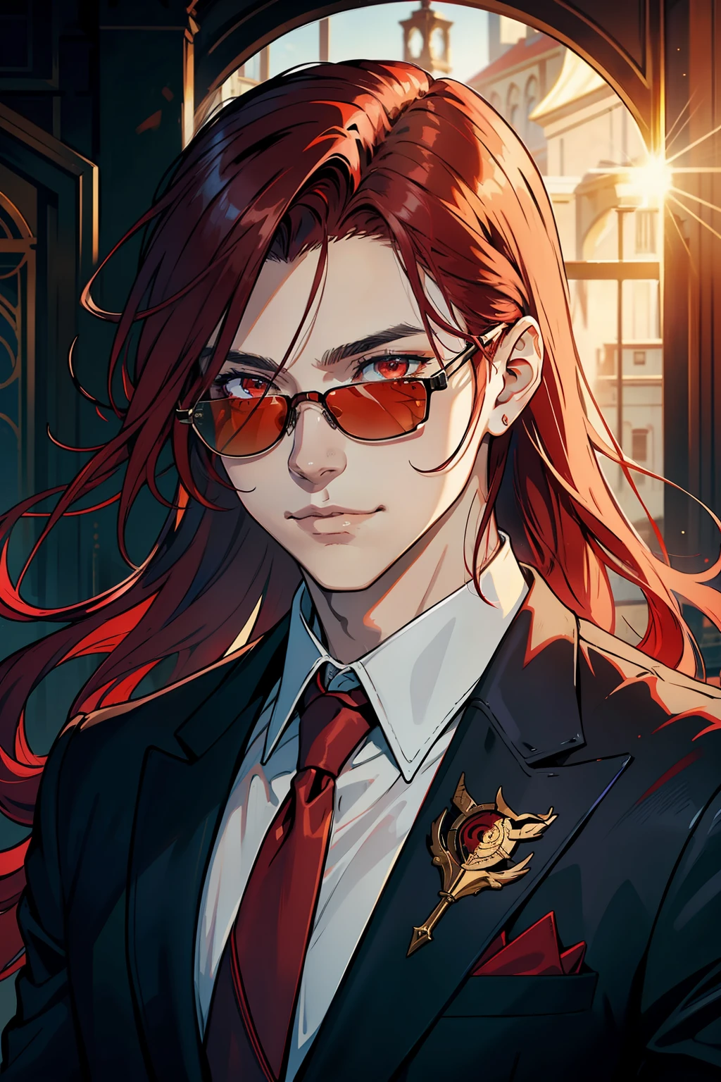 best qualityer，masterpiece，Young men，red tinted hair，long whitr hair，Dragon's horn，red color eyes，There are dragon scales on the face，wears dark glasses，sun glasses，Smile confidently，Business suit，head portrait