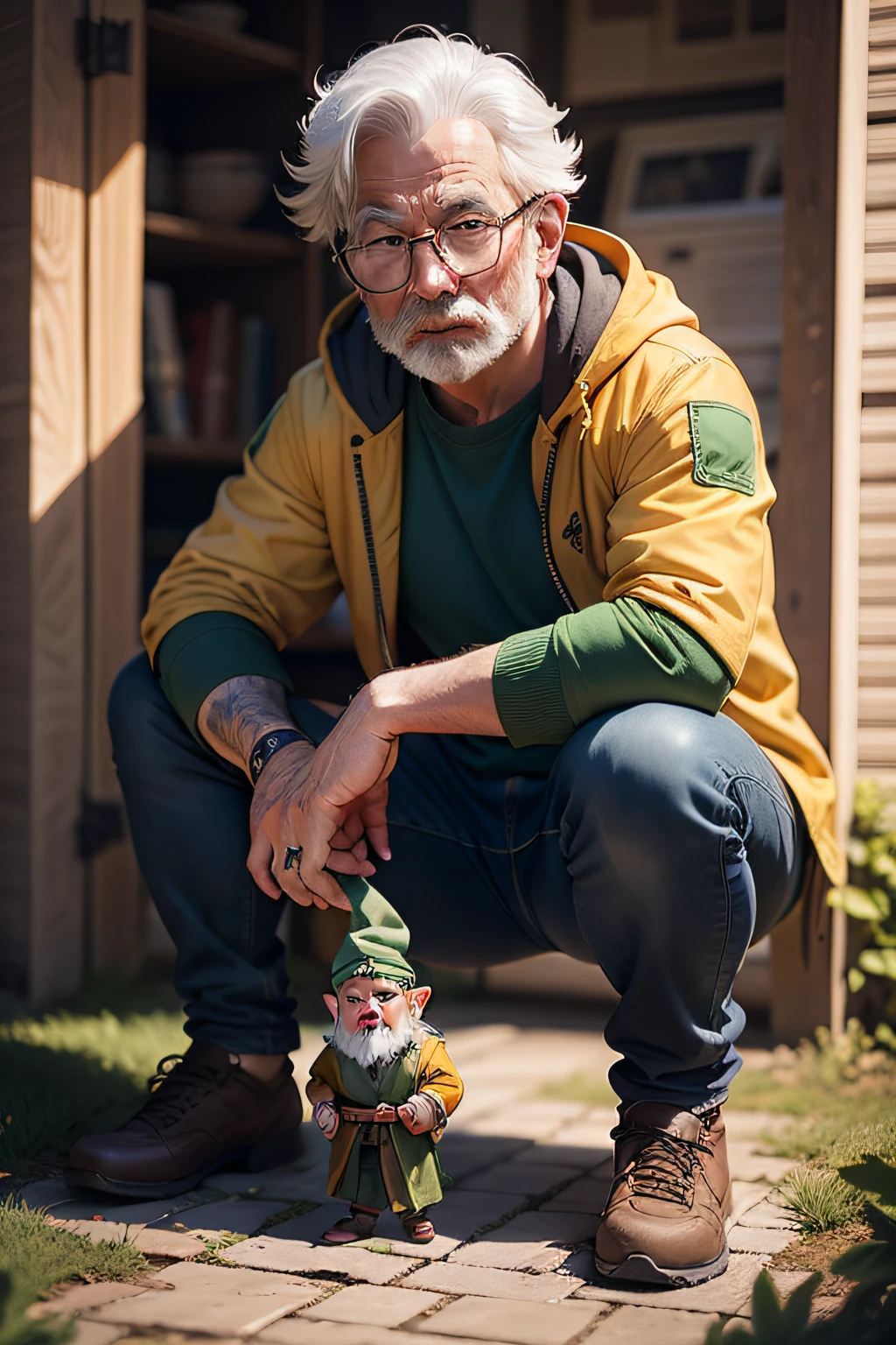 gnome, druid, 1m e 20cm, 60 years, blue eyes, gray hair, burnt yellow helmet, glasses, green shirt, black jacket, Brown pants, green shoes