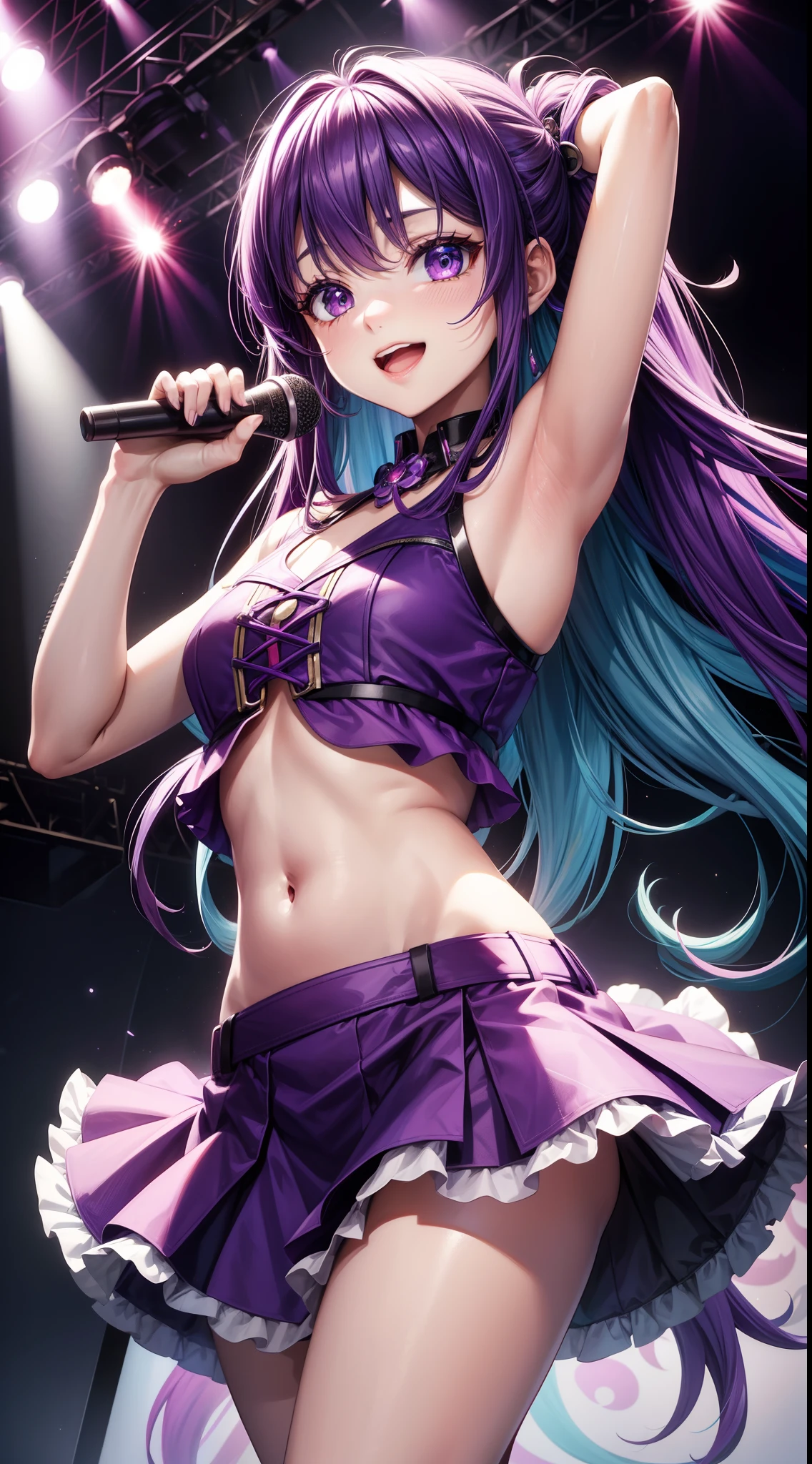 young girl, long bright purple hair, Cyan eyes, ssmile, opened mouth, pop-idol, Red Top, purple skirt, open belly, stage, Masterpiece, hiquality