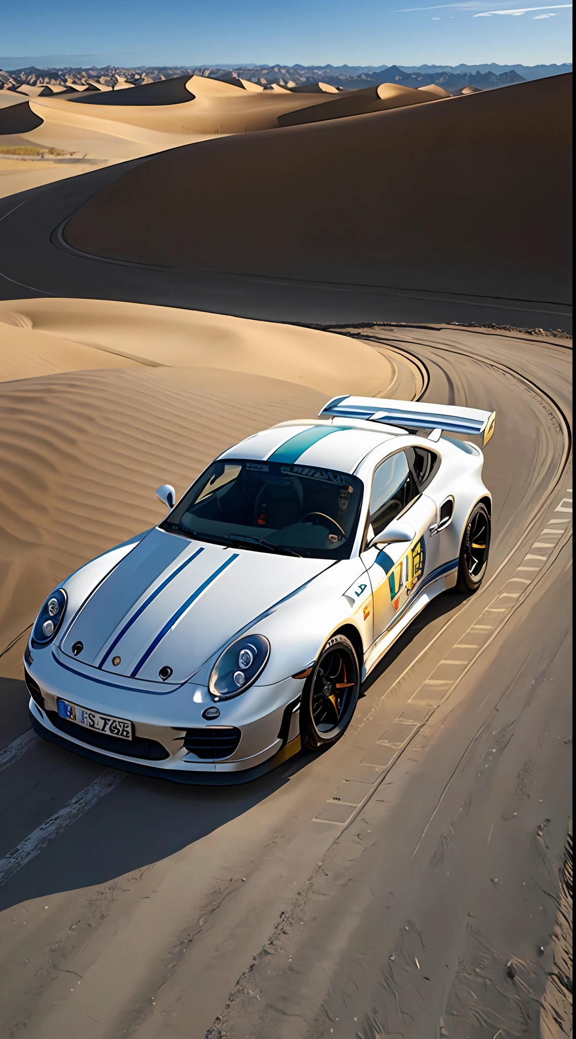 porshe 911 de frente, garota branca de saia curta sentada em cima do carro, foto de cima para baixo, realista, 4k high definition, one-way track in the desert.