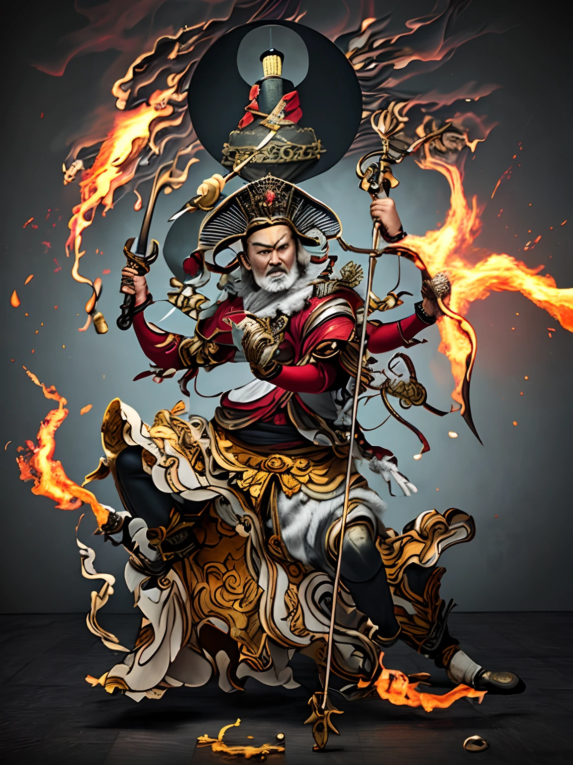 Angry King Ming,Be strong and brave,Canine teeth exposed,Hair stands on end,Eight arms,He had a trident in his hand, Respectively,The sword,pestle,the bow,arrow,hand seal,One person per foot,The silhouette of the body is on fire,Hot,Light, an ultrafine detailed painting, Realiy,photorealestic,professional photoshooting,tmasterpiece,超高分辨率,