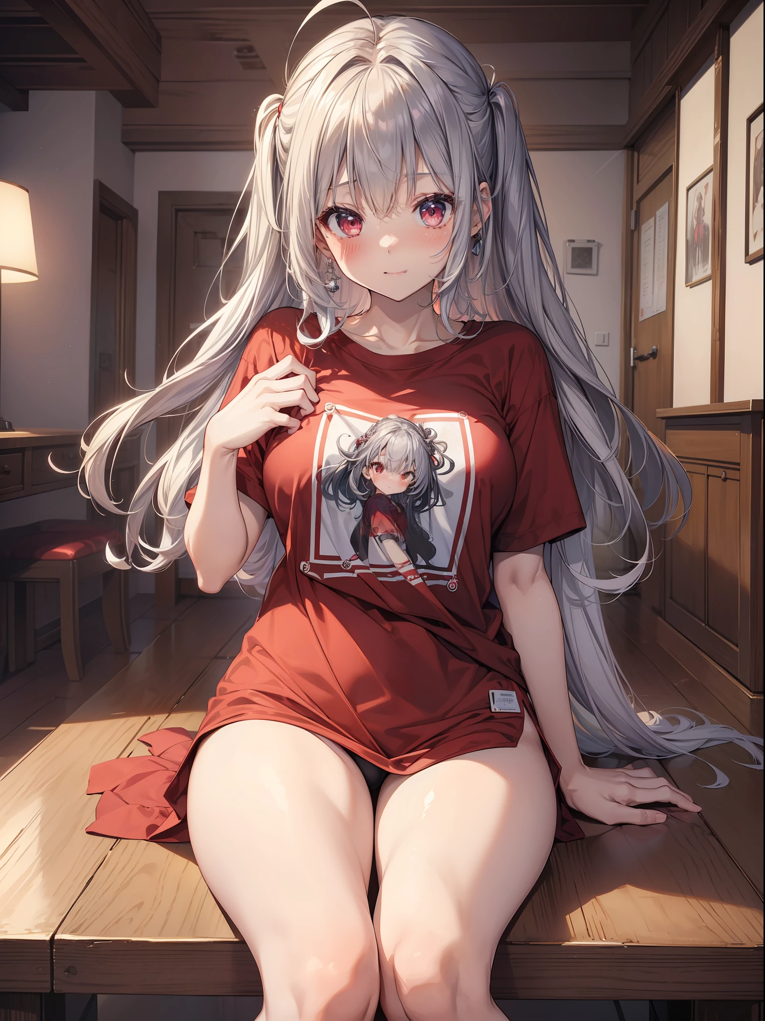 (​masterpiece、top-quality、8K ),intricate detailes、One cute and beautiful girl、Short, Silver Curly Hair、Hanikami laughter、red blush、((Dub Dub T-Shirt:1.3)),(There is no bottom、no-bra:1.3),Moe Sleeve、thighs thighs thighs thighs、inside in room、ultra-detailliert