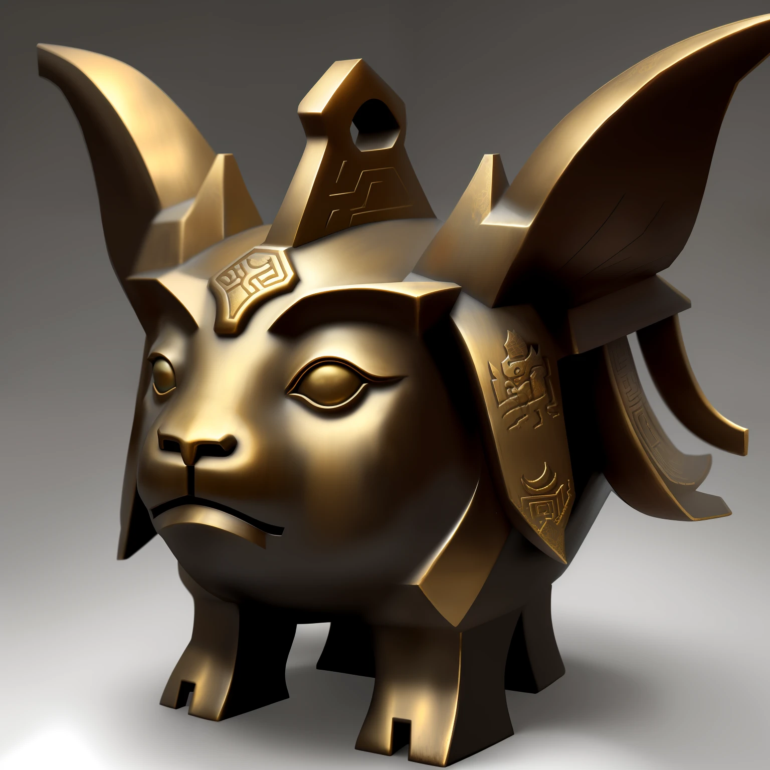 Chinese bronze ram's head,Layered,Shang dynasty bronze decorative texture,Three-dimensional structure,Exaggerated styling,There are many ancient elements,Antique design,powerful vibe。The shape of the face has some bronze decorations, Feel majestic and majestic。Make only large ram heads。