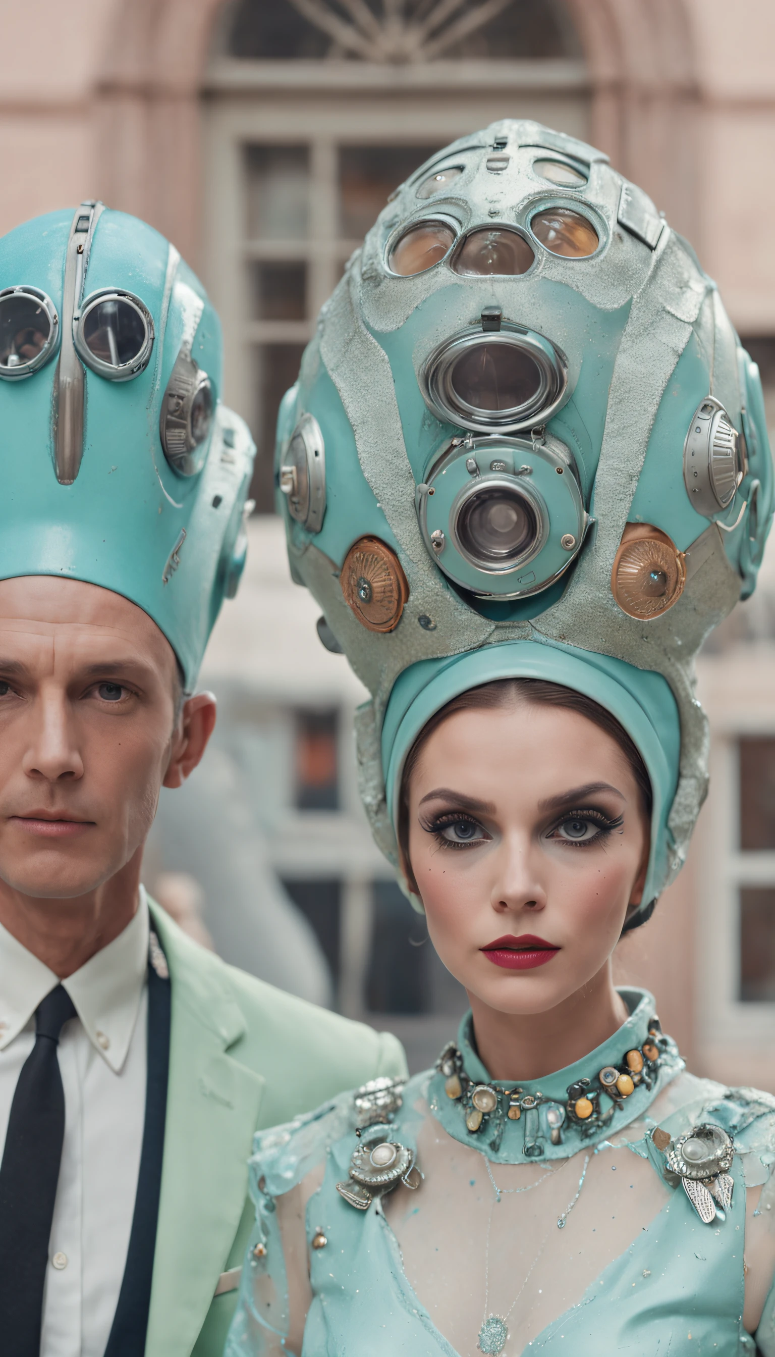 8k portrait of a 1960s science fiction film by Wes Anderson, Vogue anos 1960, pastels colors, There are people wearing weird futuristic masks and wearing extravagant retro fashion outfits and men and women wearing alien makeup and old ornaments with mechanical pets in town, Luz Natural, Psicodelia, futurista estranho, fotorrealista, hiper detalhado, foco nítido, Intrinsic, Fuji filmes 55mm,