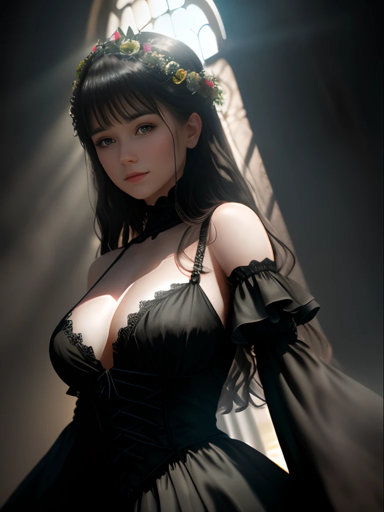 film grain style,8K ultra-high resolution,hdr,Beautiful woman in black dress,low chest,(full bodyesbian),An unimaginably beautiful face,Super detailed texture,(chies),Sunlight shines through from the top,Top-down view