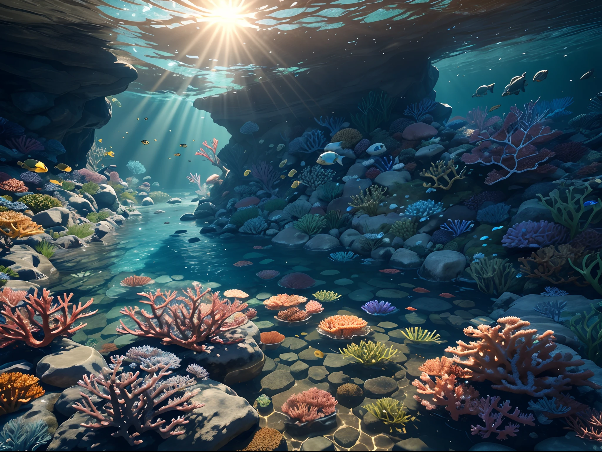 an underwater game scene with fishes and corals, sun shine through the water create an serene feeling, unreal engine five, game style, best quality, masterpiece