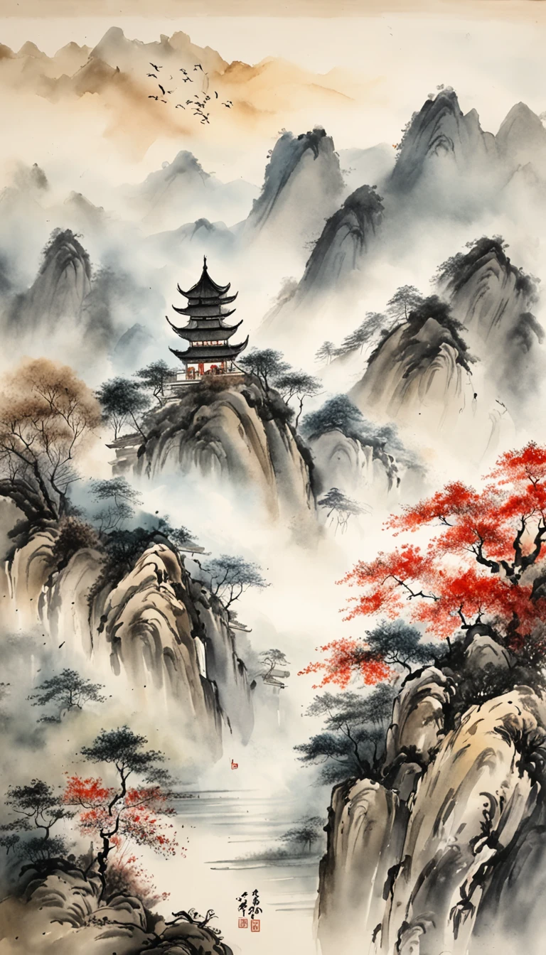 Chinese landscape painting，ink and watercolor painting，water ink，ink，Smudge，Faraway view，Ultra-wide viewing angle，Meticulous，Fishing boat vistas，Meticulous，Smudge，low-saturation，Low contrast，Fishing alone in the cold river snow，snow landscape，Beautifully depicted，A detailed，acurate，Works of masters，tmasterpiece