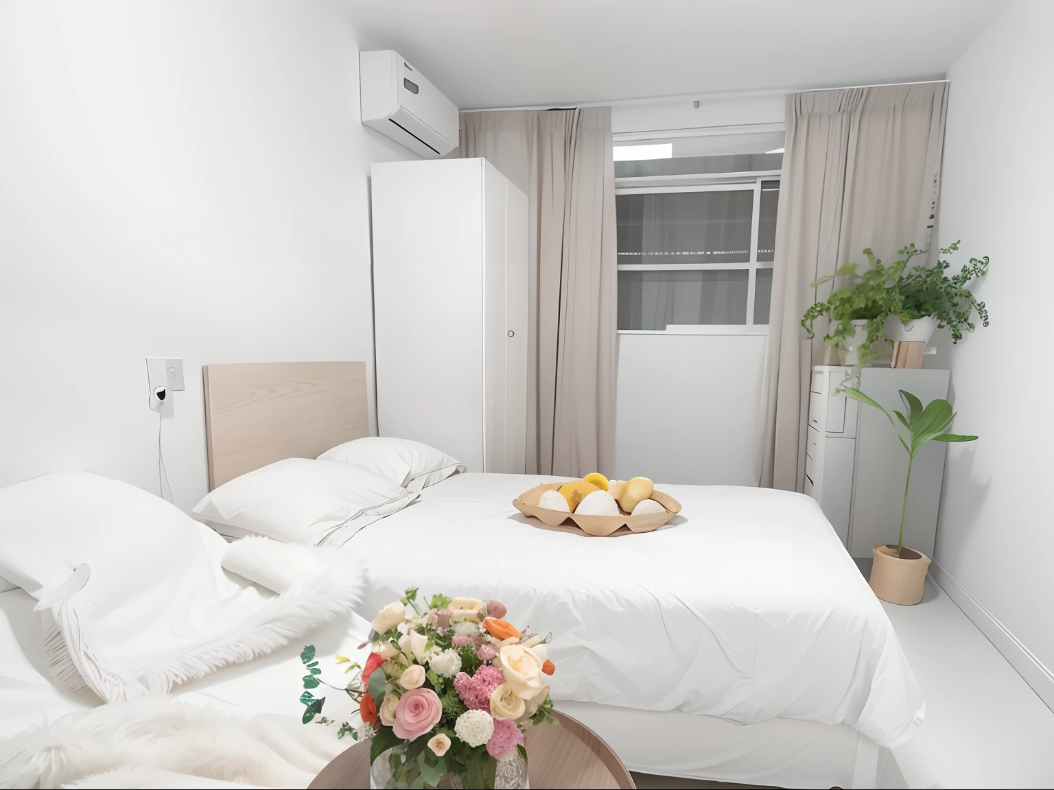There was a bed with a white quilt and a white chair, A bright room, natural light in room, Whole room, cozy environment, with backdrop of natural light, Bed room, sterile minimalistic room, small and cosy student bedroom, furnished room, cozy and peaceful atmosphere, inside bedroom, Small room, inside white room, interior of a small