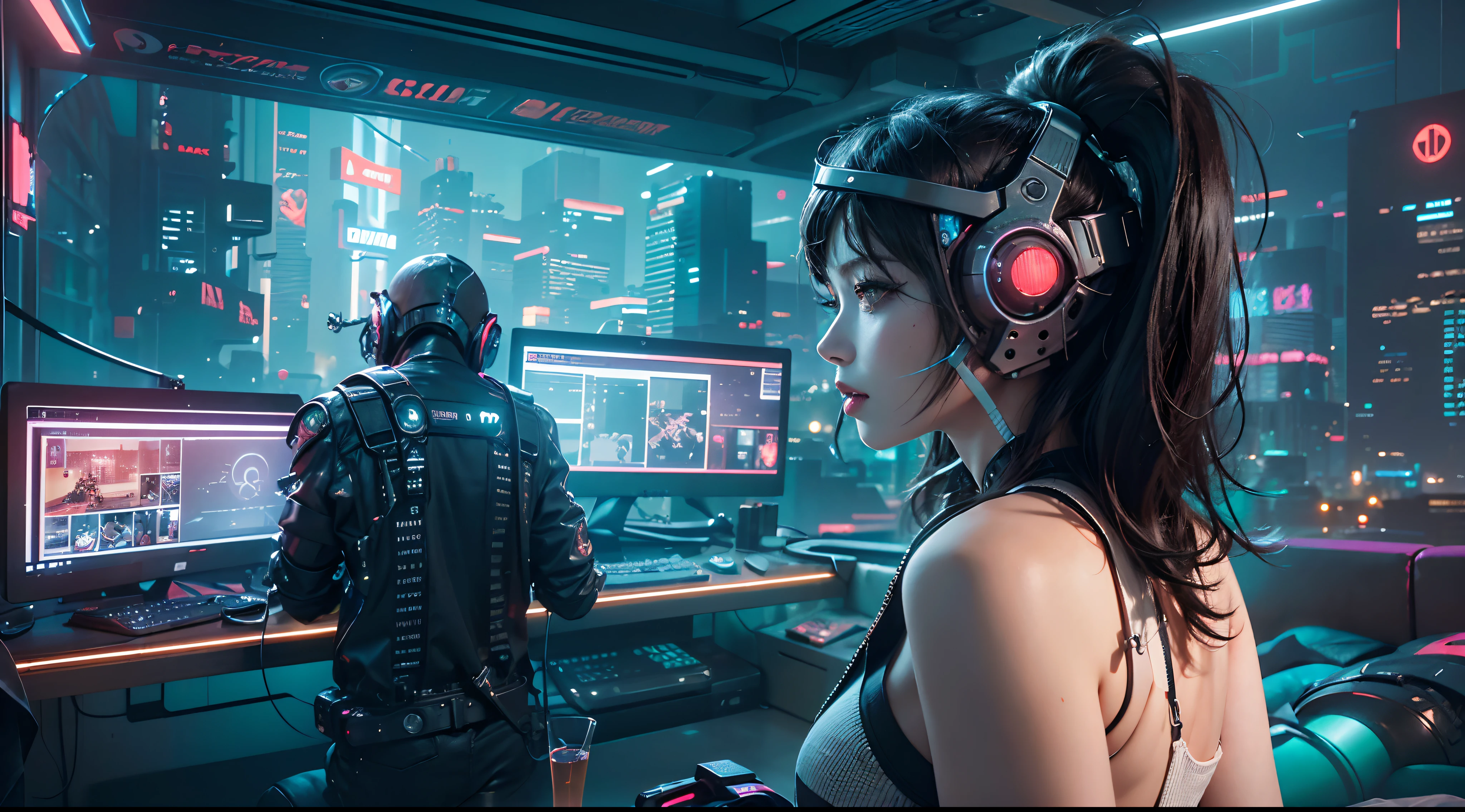 Best image quality, Masterpiece, Ultra-high resolution, (Fidelity:1.4), Photo, Movie, ((cyber punk perssonage)), cyber outfit, Futuristic, ((Award-winning ultra-realistic photos)),(Hyper-detailing),(Complicated details),(High resolution CGI artwork 8k),a girl in,Futuristic cyberpunk living room/Bedrooms/kitchens/terrazzo,Detailed cyberpunk cityscape。Futuristic style,There are many colors and LED lights。The cityscape should be very detailed,depth of fields。Create depth with atmospheric lighting,Wide-angle lens showing rooms and windows。Use atmospheric and volumetric lighting to enhance cityscape detail。The room should be illuminated by the neon lights of the cityscape, Pastel textured colored background, Colourful, vibrant