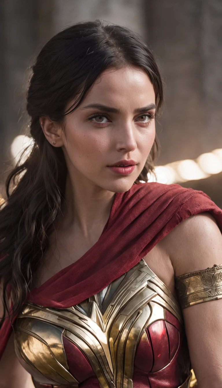 Ana de Armas 飾演 Wonder Woman, Realistic, is the iconic superheroine，Known for its strength, Courage and compassion. His face showed determination and a sense of justice. His sharp eyes reflect his unwavering determination and compassion for others. Her black hair fell in lush waves，Set off her face elegantly. She wears her signature red outfit, Blue and gold;. Waist, She wears a gold belt with highlights "Show on the" symbol. Their accessories include gold gloves on their arms, As defensive armor and powerful weapons. She wears red and white boots，Provides her with stability，Increased her speed and agility. A lasso that carries truth, A golden rope，Force anyone caught to tell the truth.