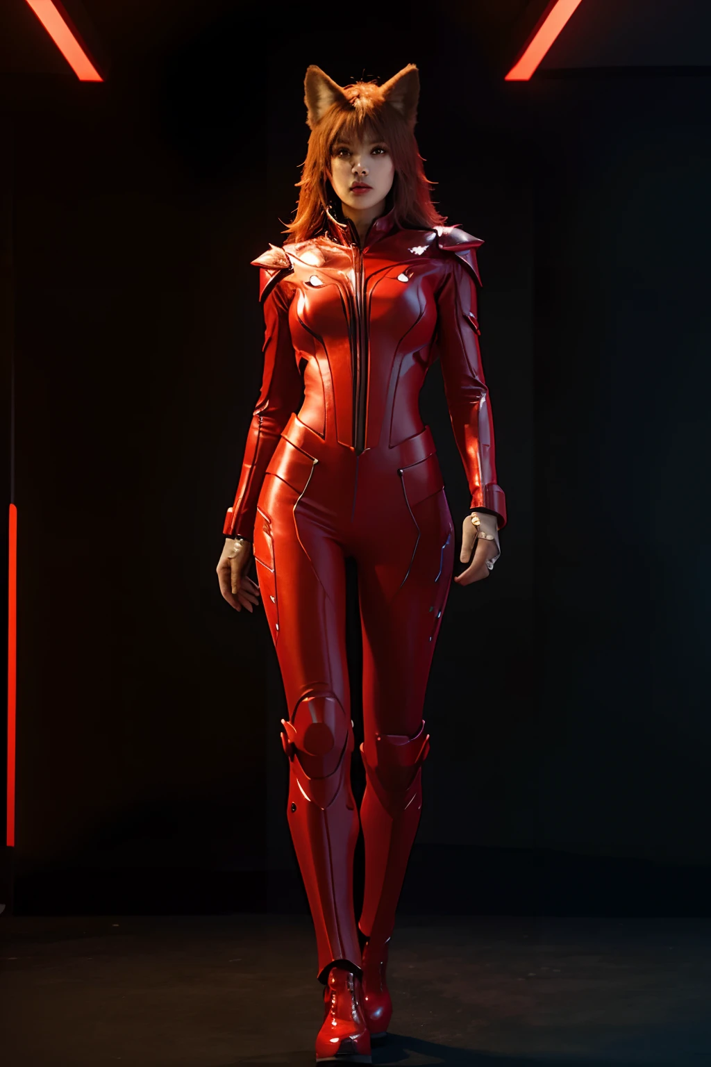 Futuristic red wolf suit, Woman, Futuristic stuff on it, Full body, Trending on ArtStation, Highly detailed, By WLOP, Sharp Focus, studio photo, Intricate details, Beautiful lighting