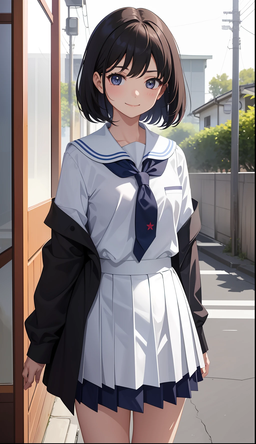 1girl in、AS-Adult、A smile、The shirt、skirt by the、(small tits)Chilarism、Japan High School Student Uniform、serafuku、summer clothing、(Sheer Bra)、Upper body portrait、the wind、