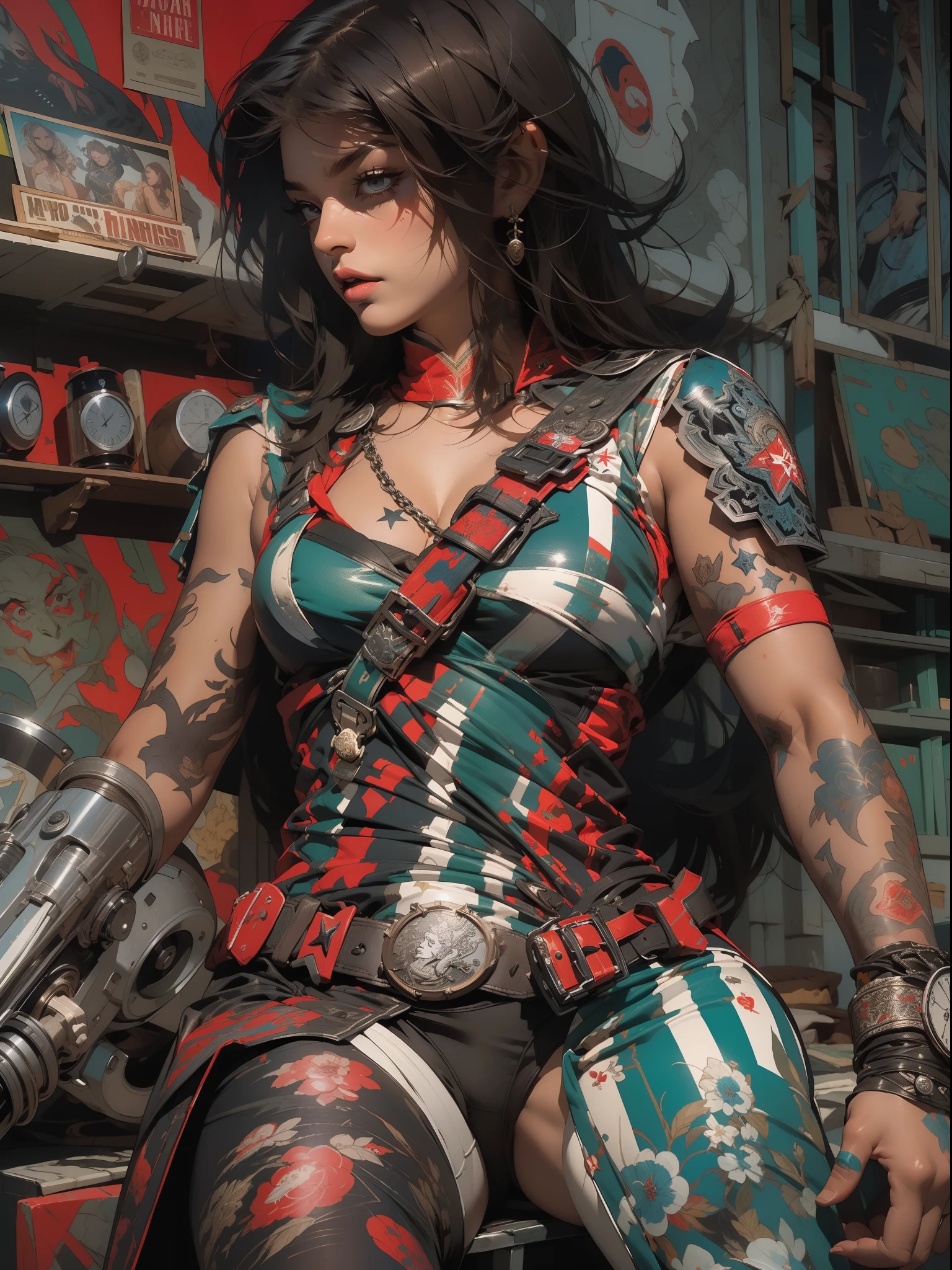 (((mulher))), (((melhor qualidade))), (((obra prima))), (((adulto))), (((1girl))), ((( corte de cabelo bob ))), Uma gladiadora cyberpunk mulher de 25 anos com corpo perfeito, shoulder pads with metal spines, Gladiadores do Brooklyn, (( corte de cabelo bob )), tiny leather panties, camiseta de time de rugby rasgada, quase nua no estilo selvagem urbano de Simon Bisley para a capa da revista Heavy Metal, Cabelo loiro curto, Minimum clothing, Metal protection on the left arm with intricate graphics, Dark red with white stars and blue and white striped pattern, armadura, cheio de pontas e rebites, tatuagem de veneno (((do joelho pra cima))), cabelos loiro branco curto, no fundo uma parede pintada por Shepard Fairey com um design intrincado