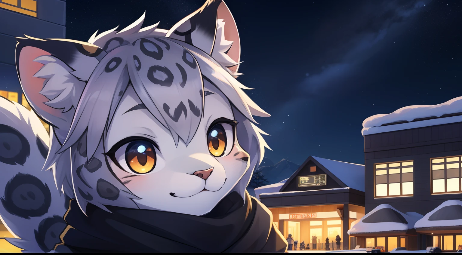 Furry Fur,Furry snow leopard,Lovely image,snow leopard,Cute furry,Prepare for boarding,Terminal, Long, Fluffy tail,At the city high airport,full of lights,Cubs,is in night,nigh sky, 夏天,stars,Close-up of cute characters