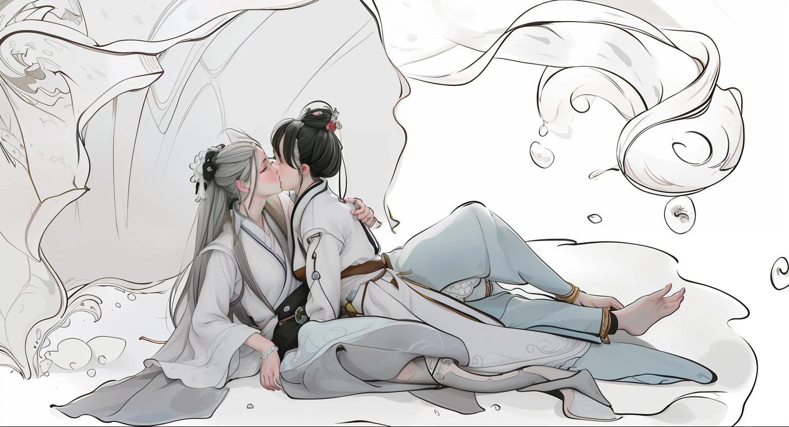 A man and a woman kiss in a shell, puss,kissing together cutely, Boys with white hair and girls with black hair, Flowing hair and hanfu, Kissing at the bottom of the sea