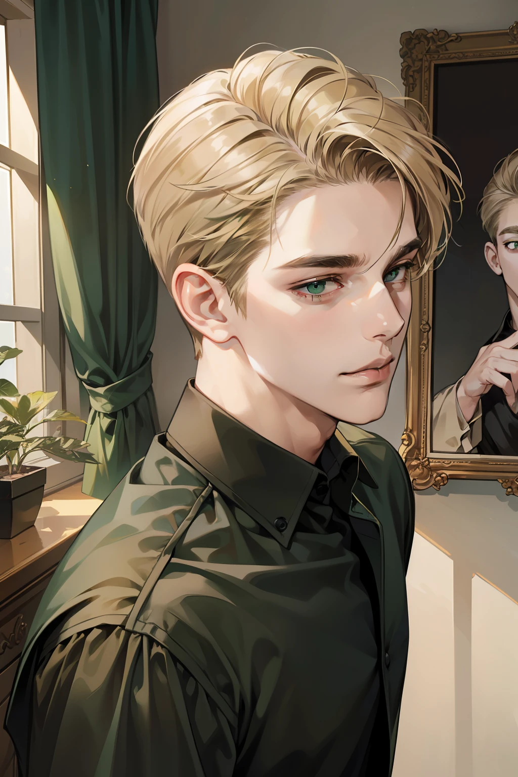 masterpiece, best quality, realistic, 1man, mature male, quiet and charming young man, 18 years old, a smirk, closed mouth, portrait, extremely detailed face, a little distant, ((dark green eyes)), ((short-side-swept sandy blonde hair)), [thick eyebrows], livingroom, ((black shirt))