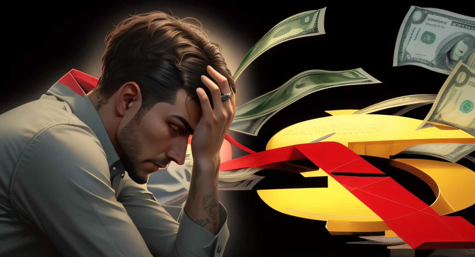 Image of a man with a dollar sign and a dollar sign, The price of NCR, per un pugno di dollari, Jogo, Estilizado, Soviet - Era, NFT, cyberpunk 2077", morte dos agiotas, corruption, Aaa, por Kanbun Master, Directed by: Ludwik Konarzewski, lose money. chorando
