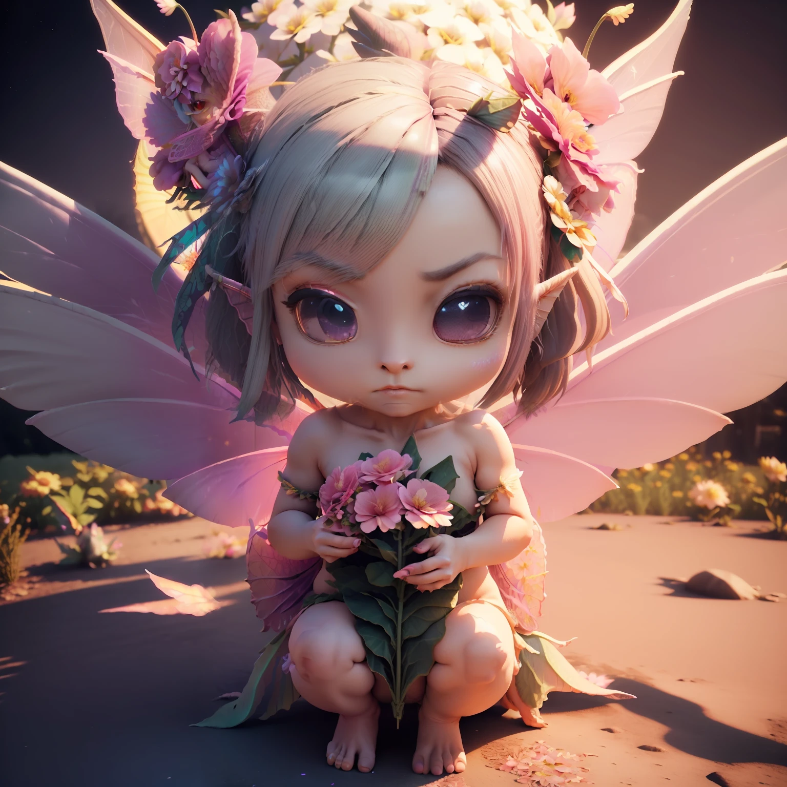 (((chibi3d))) (best quality), (masterpiece) (Pink Dragon:1.2),Gray reptilian face, Exhale a pale flame from the mouth,(Wearing flower fairy wings:1.8) sharp toenails,fullmoon,intergalactic