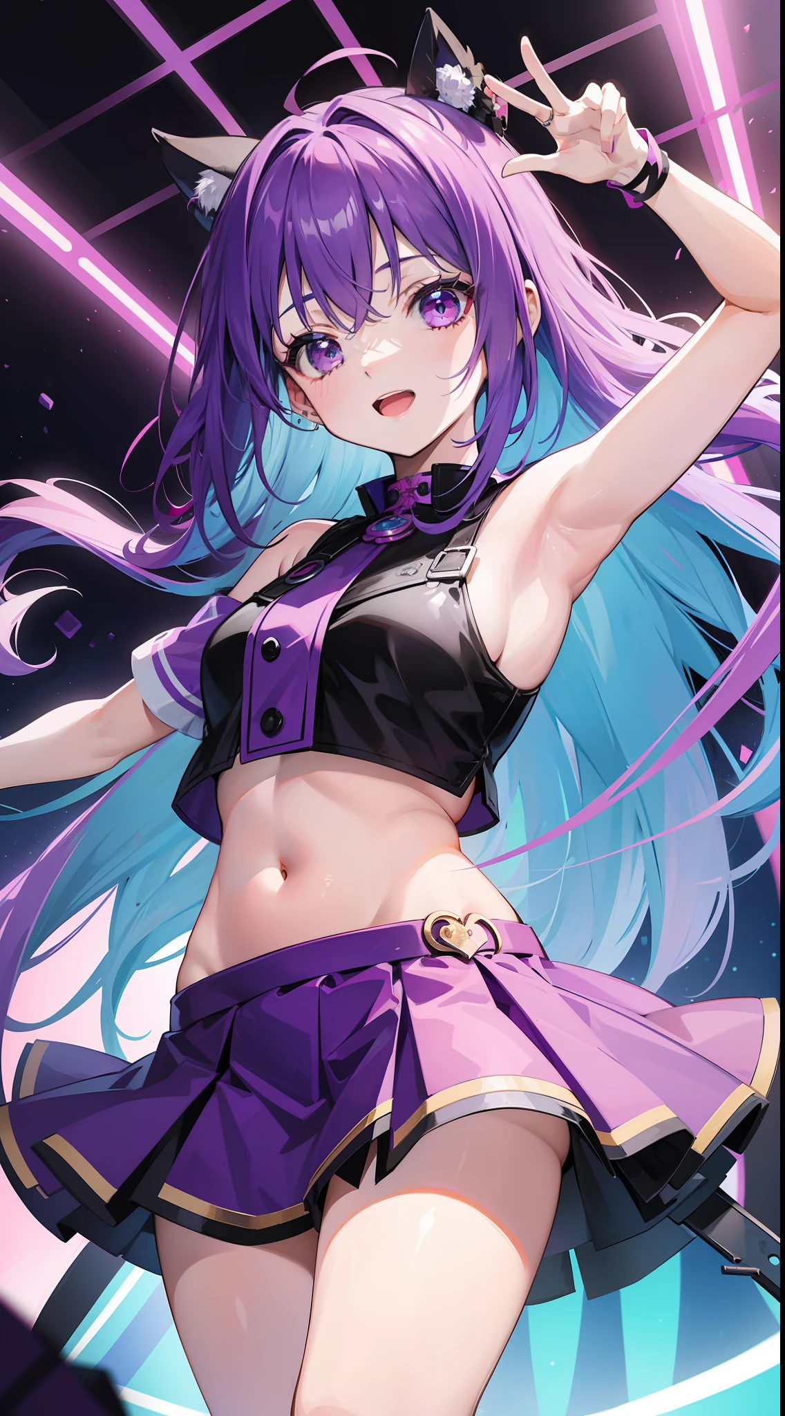 young girl, long bright purple hair, Cyan eyes, ssmile, opened mouth, pop-idol, Red Top, purple skirt, open belly, stage, Masterpiece, hiquality