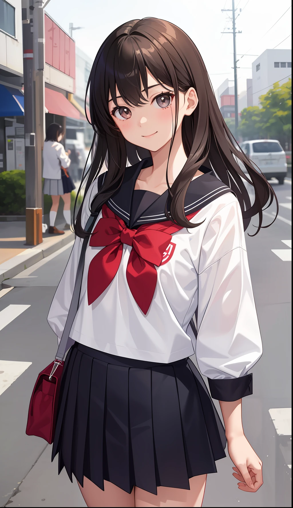 1girl in、AS-Adult、A smile、The shirt、skirt by the、(small tits)Chilarism、Japan High School Student Uniform、serafuku、summer clothing、(Sheer Bra)、Upper body portrait、the wind、