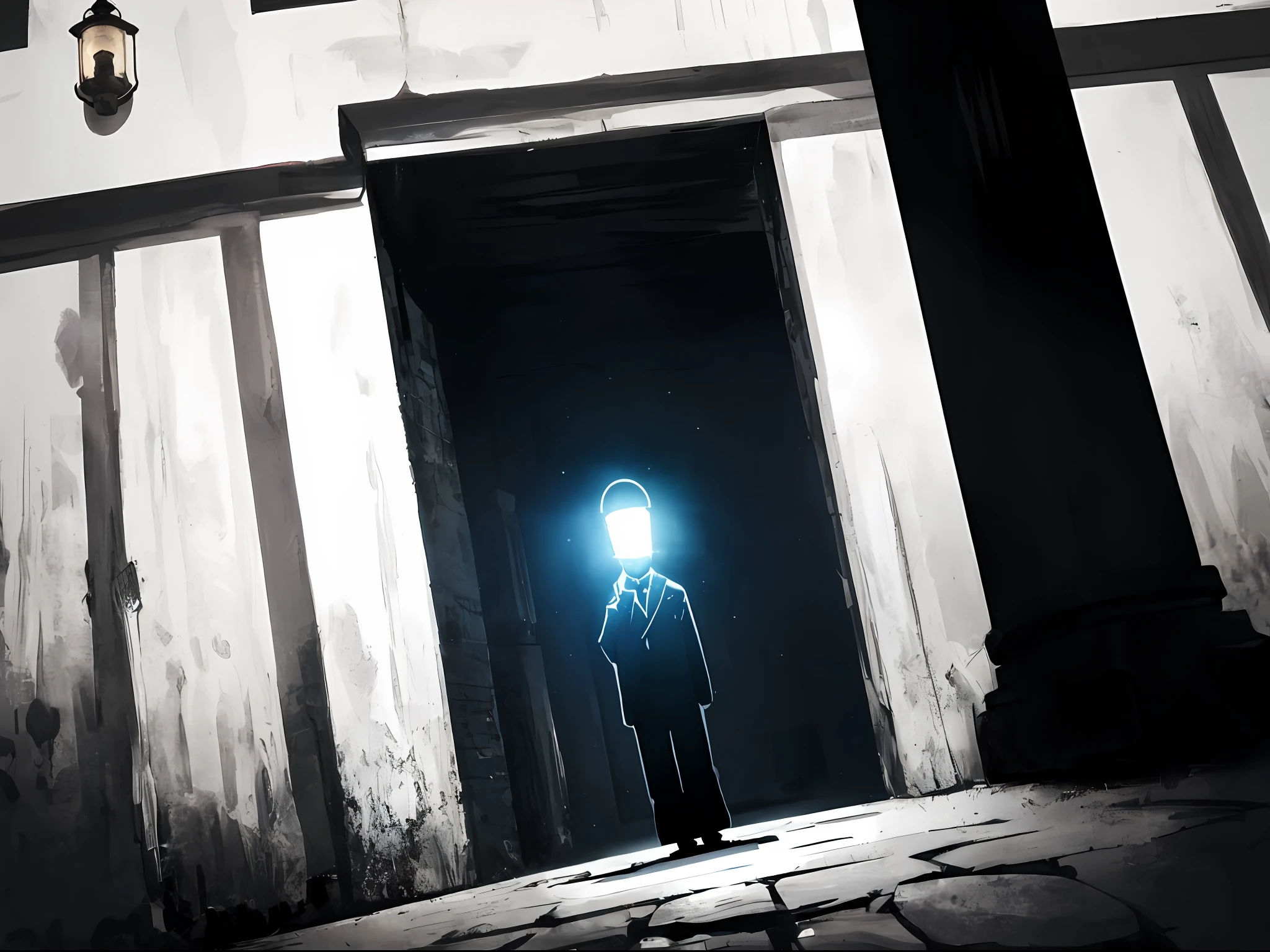 It was dark all around,There are several huge black shadows faintly,At the bottom there is a man holding a torch,It illuminates a small area around it