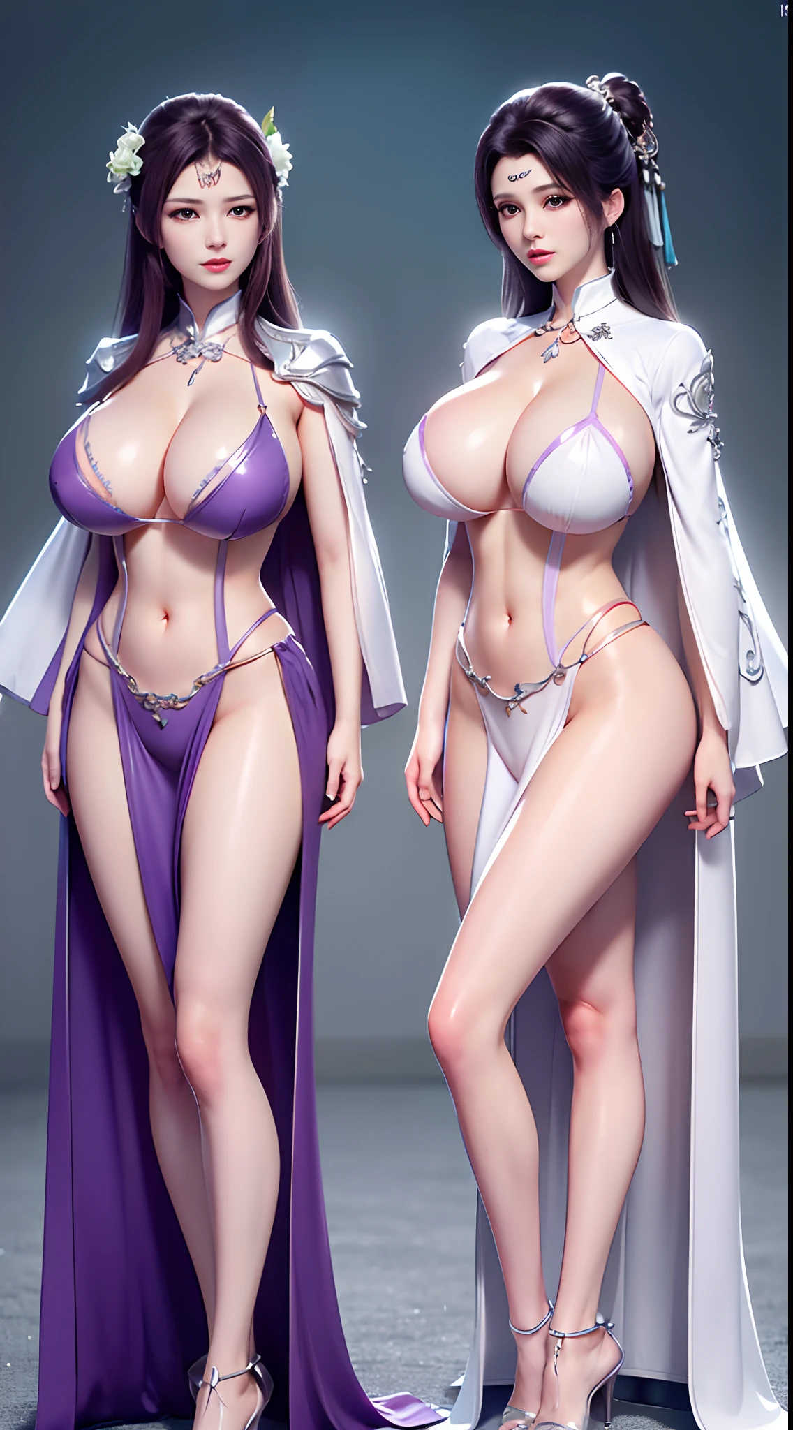 Solo, 1 Beautiful Female, Wuxia World, (1 Girl), (Full figure:1.2), (standing:1.1), (Xiuxian World), (big breasts, round breasts:1.4), (muscle abs), (big buttock:1.1), (shiny skin:1.1), Chinese Immortal Wuxia, (Purple Cross-collared Top, Ancient Long Skirt, Embroidered Cape, Streamer), Brunette Hair, Chinese Coiled Bun, Hairpin, Light Pink Lips, Calm, Intellectual, Delicate Face, Masterpiece, Best Quality, High Quality, High Definition, High Quality Texture, High Quality Shadows, High Detail, Cinematic Light, Side Lighting, Ray Tracing, Sharp Focus, Realistic, Edge Light, Two-tone Light, (Detailed Skin Details: 1.2), 8k uhd, SLR, (soft light, high quality, high resolution:1.7), (very detailed CG unity 8k wallpaper)