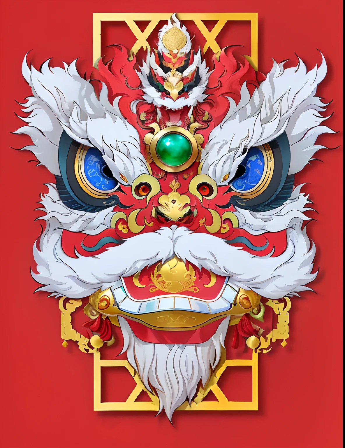 Cartoon drawing of a Chinese dragon with a gold frame, Chinese Dragon, drak, Dragon face, Oriental face, inspired by Gao Kegong, high detailed official artwork, Chinese style, barong family, chinese dragon concept art, tengu mask, inspired by Gong Xian, inspired by Luo Ping, detailed digital illustration, barong family member, inspired by Dong Yuan