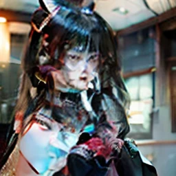 1 girl, Amber, Genshin impact, in the rooms, black hair, realistic, ultra detail, 70 mm lens