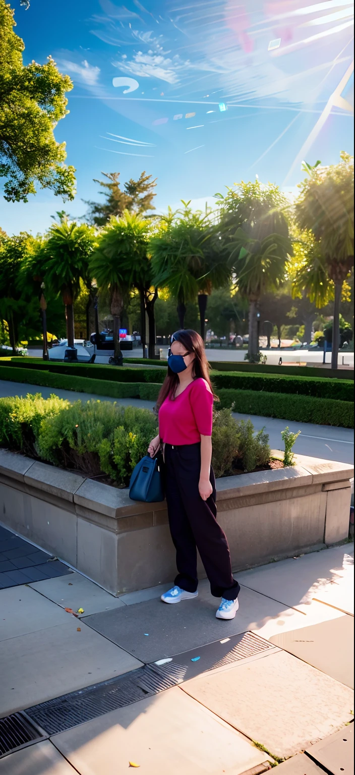 There was a woman standing on the sidewalk with her mobile phone, with a park in the background, standing in a city center, in a city park, which stands on the street, park in background, which stands on the street, in city street, In Park, in a city square, standing on a city street, street pic, In front of the house
