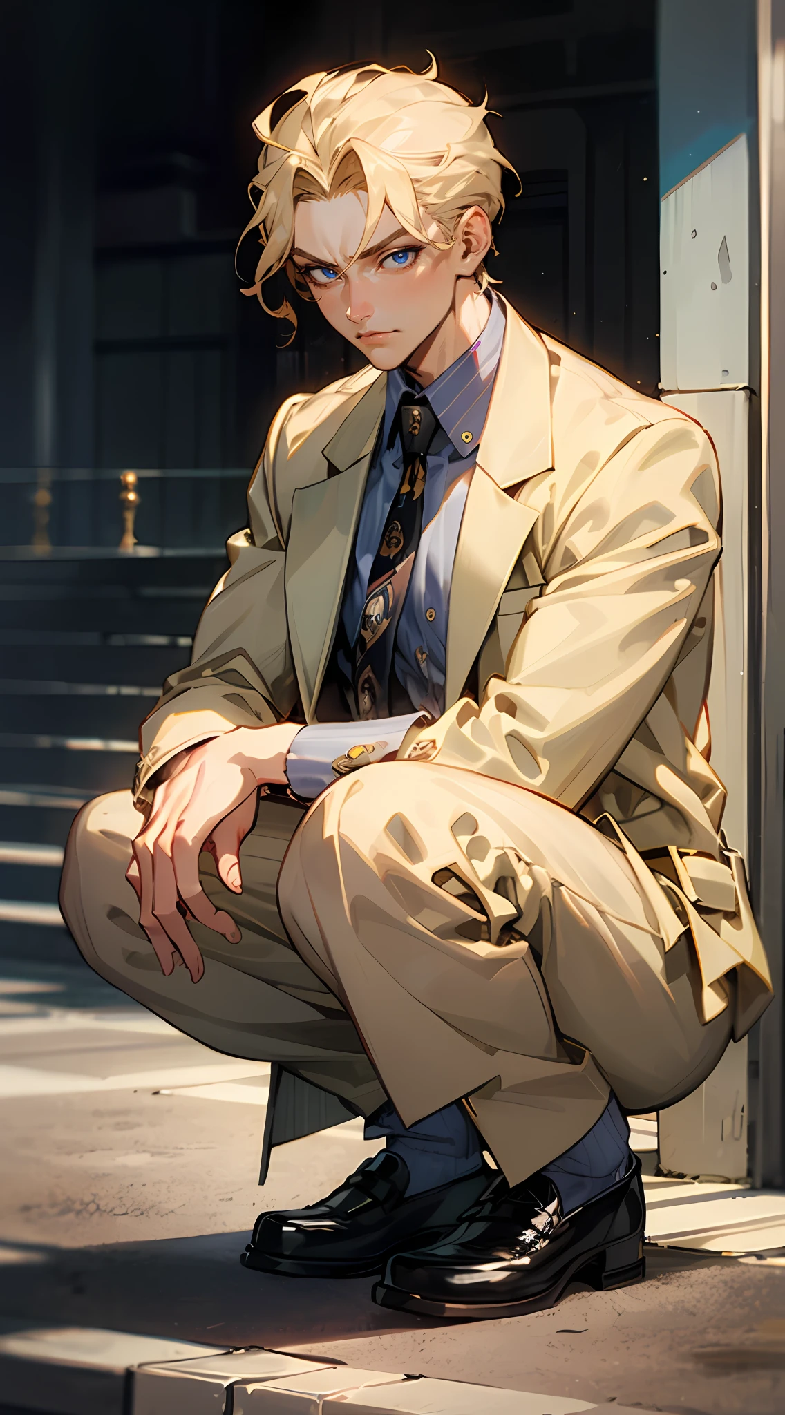kirayoshikage, kira yoshikage, 1boy, blonde hair, short hair, mature male, cheekbones, purple eyes,
BREAK belt, formal, necktie, shoes, suit,,
BREAK looking at viewer,
BREAK outdoors, park,
BREAK (masterpiece:1.2), best quality, high resolution, unity 8k wallpaper, (illustration:0.8), (beautiful detailed eyes:1.6), extremely detailed face, perfect lighting, extremely detailed CG, (perfect hands, perfect anatomy), squatting