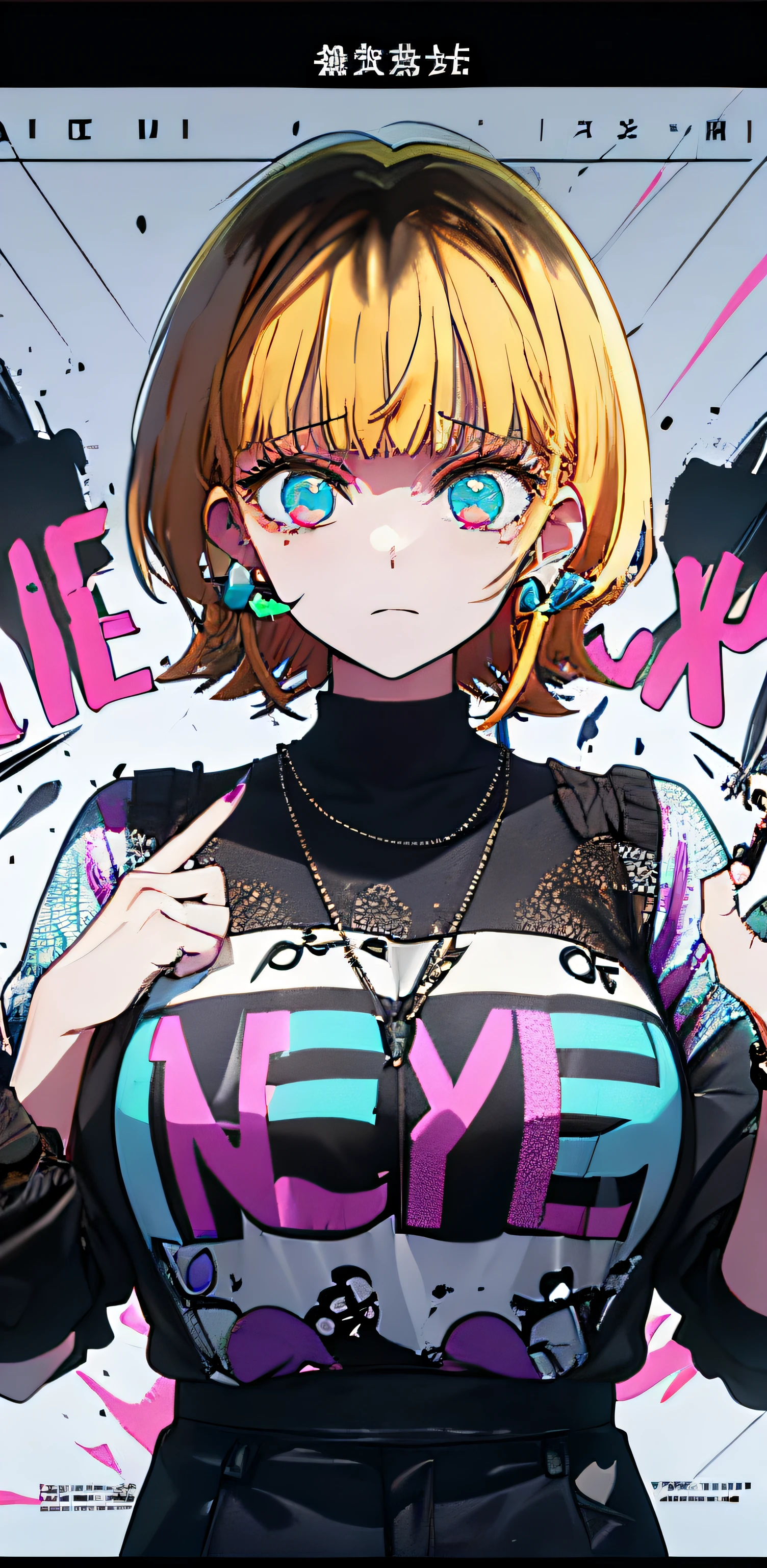 (((dramatic))), (((gritty))), (((intense)))) The movie poster features as the central character. She is shy in the center of the poster, wearing idol outfit, and a determined expression on her face. The background is dark and gritty, with a feeling of drunkenness. The text is bold and eye-catching, with catchy slogans that add to the overall drama and excitement. The color palette is dominated by dark colors, dotted with bright colors, giving the poster a dynamic and visual impact, tachi-e (magazine:1.3), (cover-style:1.3), fashionable, vibrant, outfit, posing, front, colorful, dynamic, background, element, confident, expressive, holding, statement, attachment, majestic, coiled, around, touch, scene, text, cover, bold, eye-catching, title, fashion, font, catchy, title, bigger, eye-catching, modern, trendy, focused, stylish, 1 girl