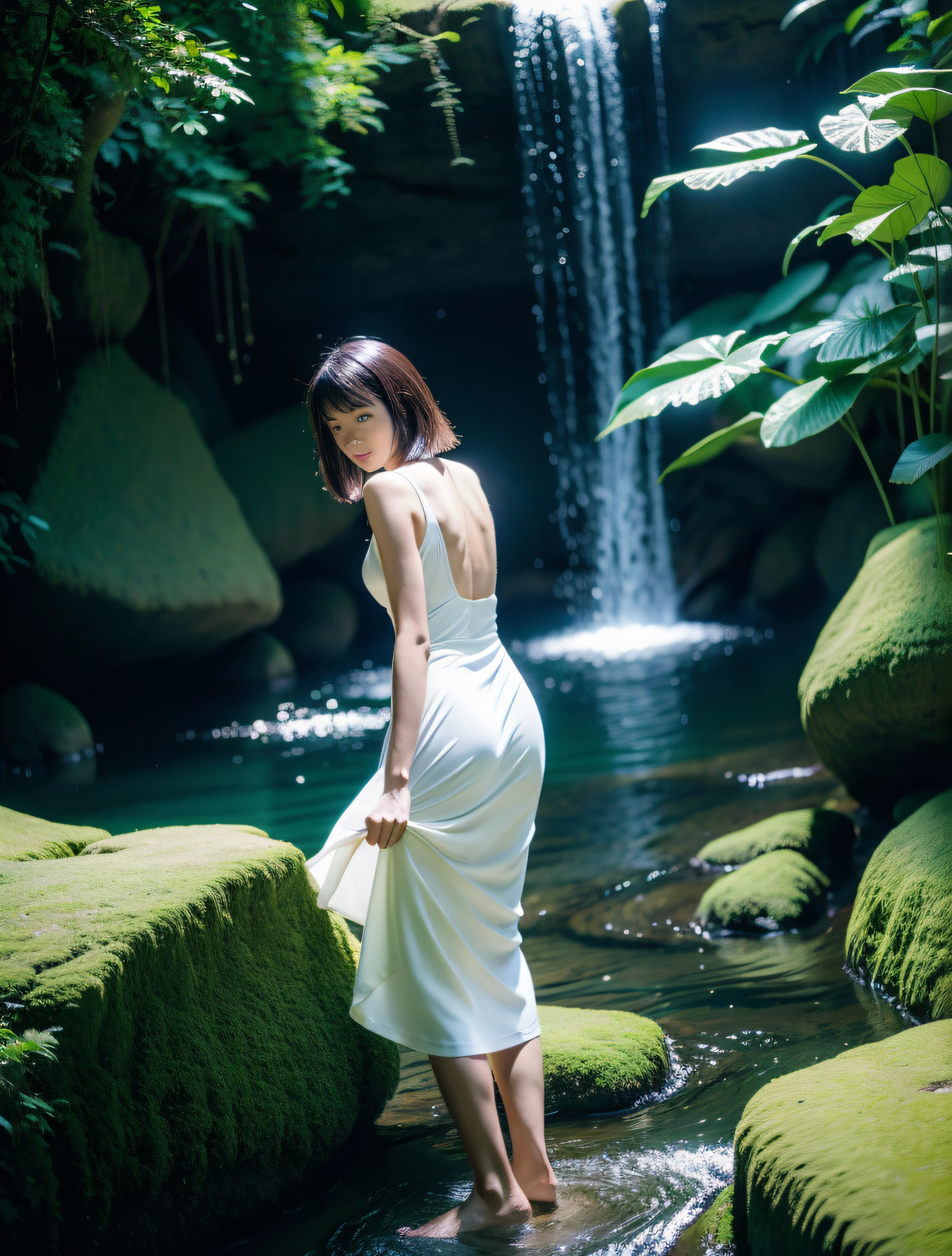 A woman stands in a creek near a waterfall, next to a waterfall, koto no ha no niwa, Nico in white dress, Itagaki Publishing, iwakura lain, lain iwakura, waterfall background, with waterfalls, standing near a waterfall, bathing in a waterfall, Yuka Kazami, with a waterfalls