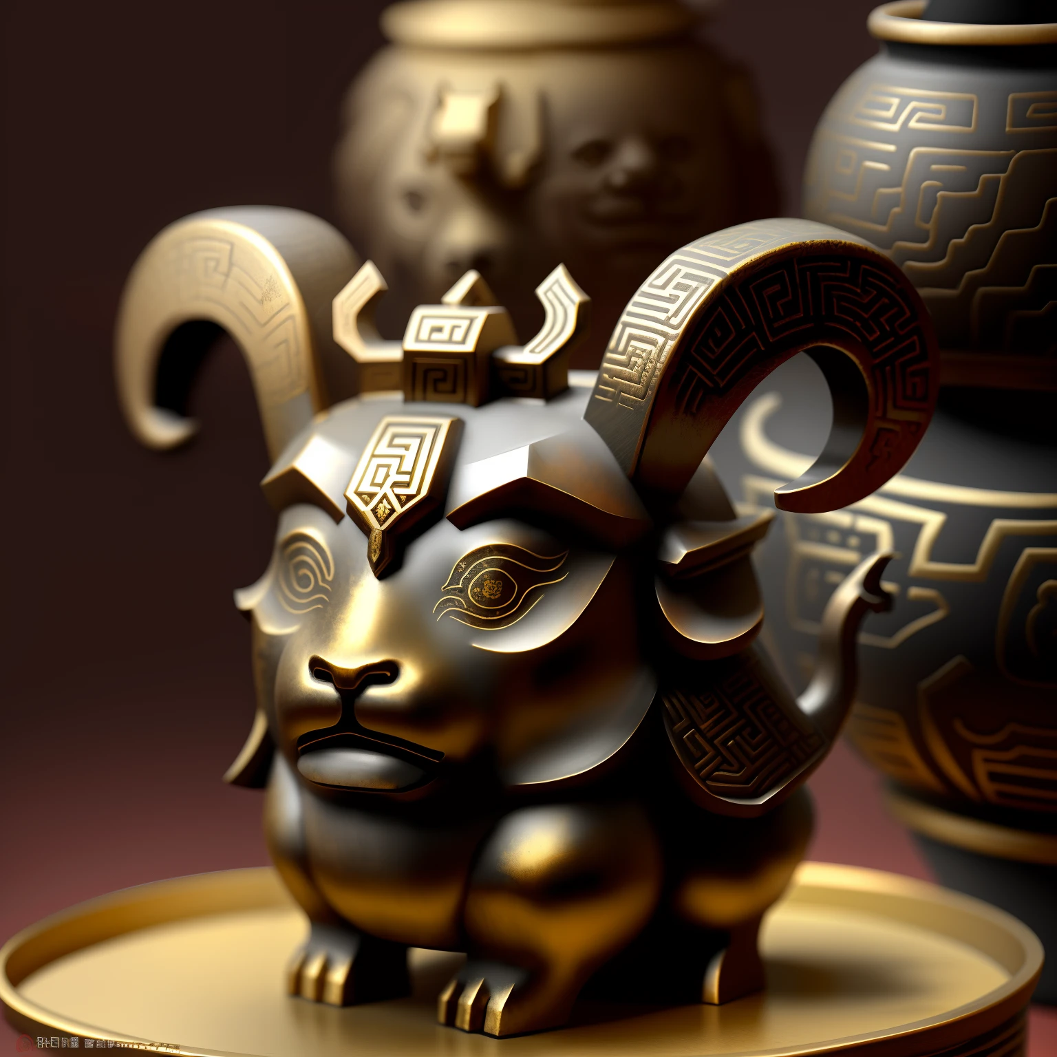 Chinese bronze ram's head，Layered，Shang dynasty bronze decorative texture，Graphic design，Exaggerated styling，There are many ancient elements，Antique design，powerful vibe。The shape of the face has some bronze decorations, Mighty atmosphere。