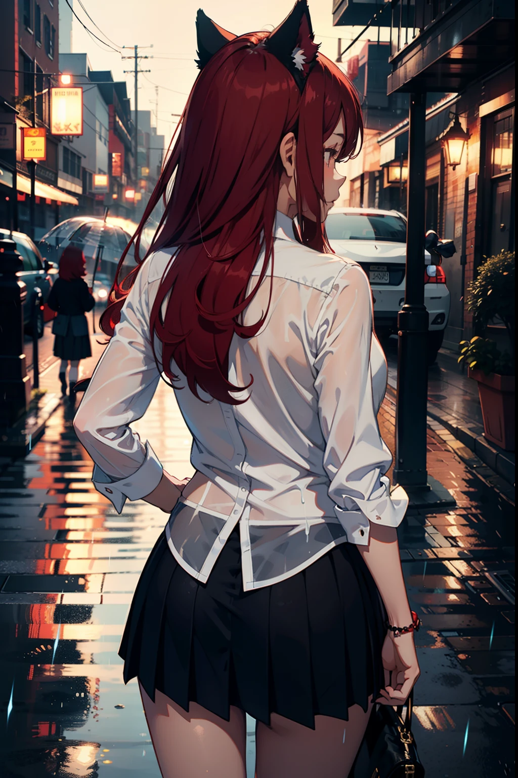 The back of a woman,Long red curly hair,Wear a cap,Wear loose long sleeves、trousers,natta,nighttime scene,High image quality,sharp,8K,masterpiece