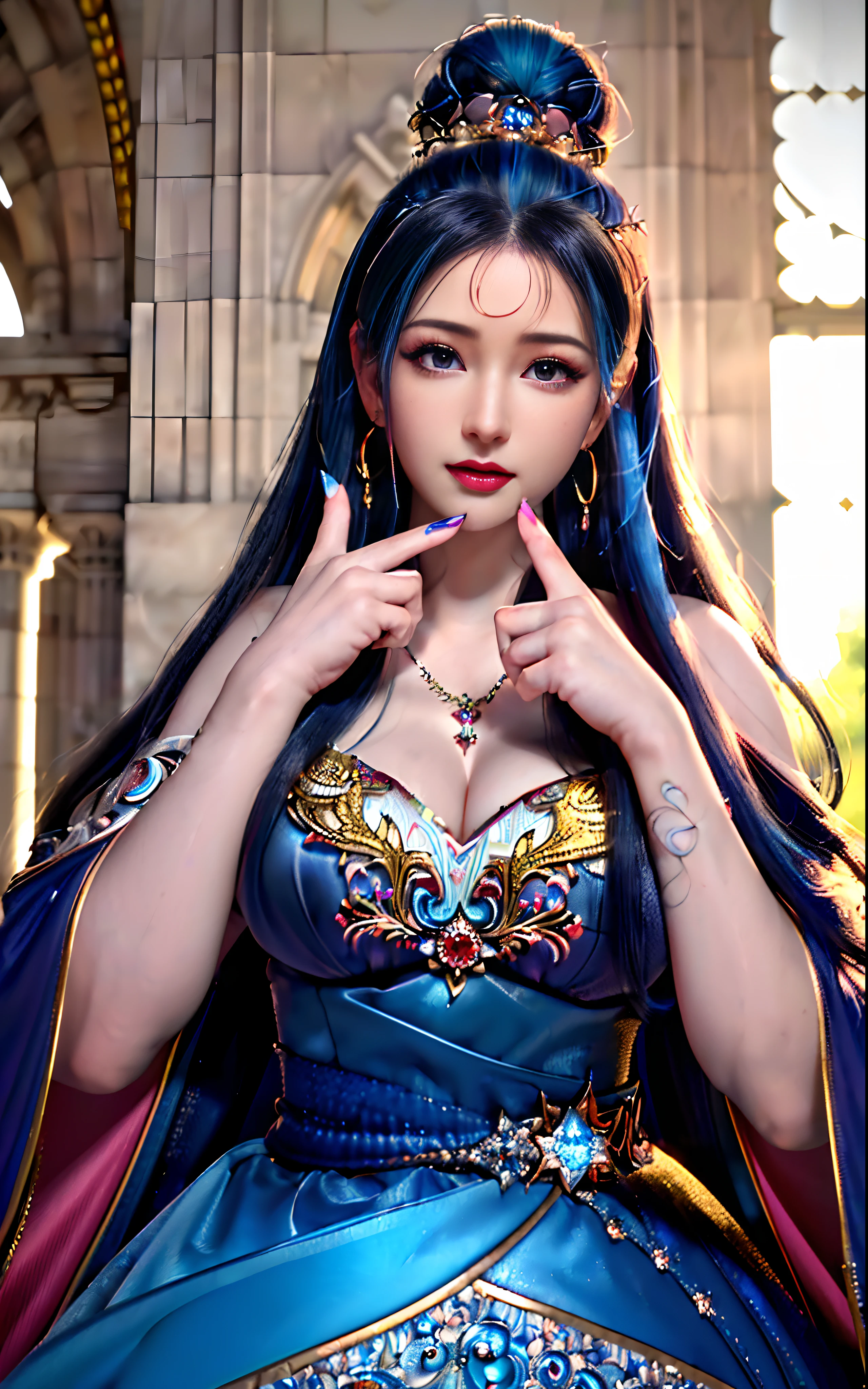 ((realisticity: 1.2)), ((realistic: 8K UHD)), ((best resolution: 8K UHD)), hyper detailed, best quality,masterpiece,highres,cg, ((1 girl hyper detailed and hyper realistic) ) , ((beautiful queen, hyper realistic and hyper detailed)),((white skin, beautiful, smooth, youthful, hyper realistic and hyper detailed )), ((Face hyper beautiful, white, hyper realistic and hyper detailed ) ), long hair, ((hyper realistic and hyper detailed dress)), solo, ((hyper realistic, hyper beautiful, beautiful and hyper detailed jewelry)), ((hyper beautiful deep red and golden yellow dress, hyper realistic and hyper detailed )) , ((Her pretty, hyper realistic, hyper detailed diamond filled earrings)), ((Her gorgeous diamond haircut, hyper realistic and hyper detailed)), ((hyper pretty upper body, hyper beautiful, hyper realistic and hyper detailed) ), ((medium breast: 1.1)), ((hyper realistic, hyper pretty, hyper detailed boobs)), ((the backgroun of the royal palace is hyper majestic, hyper realistic and hyper detailed)),((hands and palms hyper beautiful, hyper detailed, hyper realistic)), ((hyper detailed and hyper realistic fingers and fingernails)), ((hyper pretty fingernails, hyper vivid, hyper detailed, hyper realistic)), ((thumb, index finger, middle finger, ring finger, little finger hyper vivid, hyper pretty, hyper detailed, hyper realistic)), ((hyper beautiful fingers, hyper detailed, and hyper realistic)), ((posture not too fat and not too thin, hyper realistic, hyper detail)), ((hyper pretty, hyper pretty, hyper realistic and hyper detailed hair bun)), ((hyper pretty , hyper realistic and hyper detailed blue hair)), candid, Photo, high resolution, 8k , bokeh,