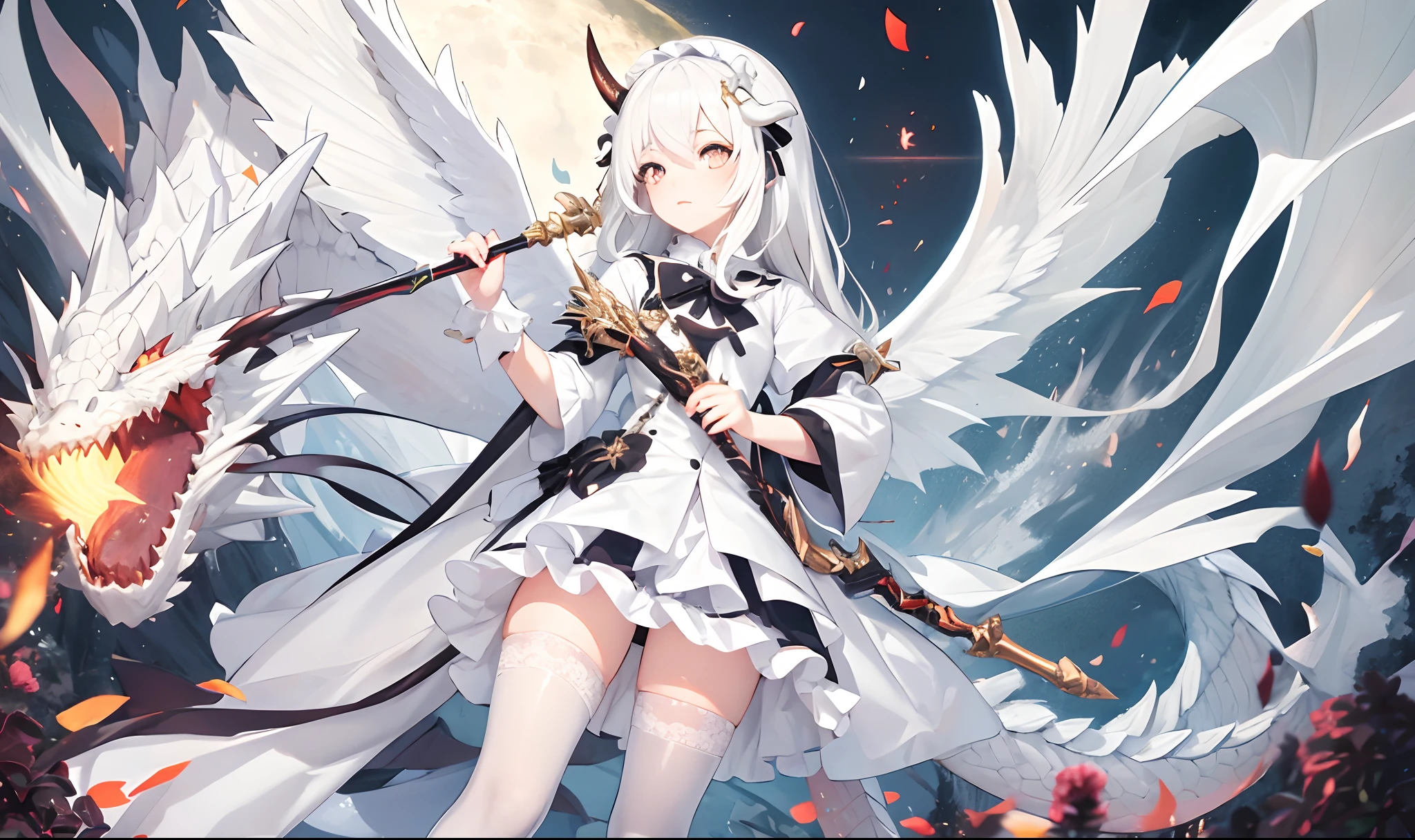 White Hair, Dragon Horns, Girl, White Eyes, Loli, Lolita, White Stockings, Staff in Hand, White Dragon Wings on the Back