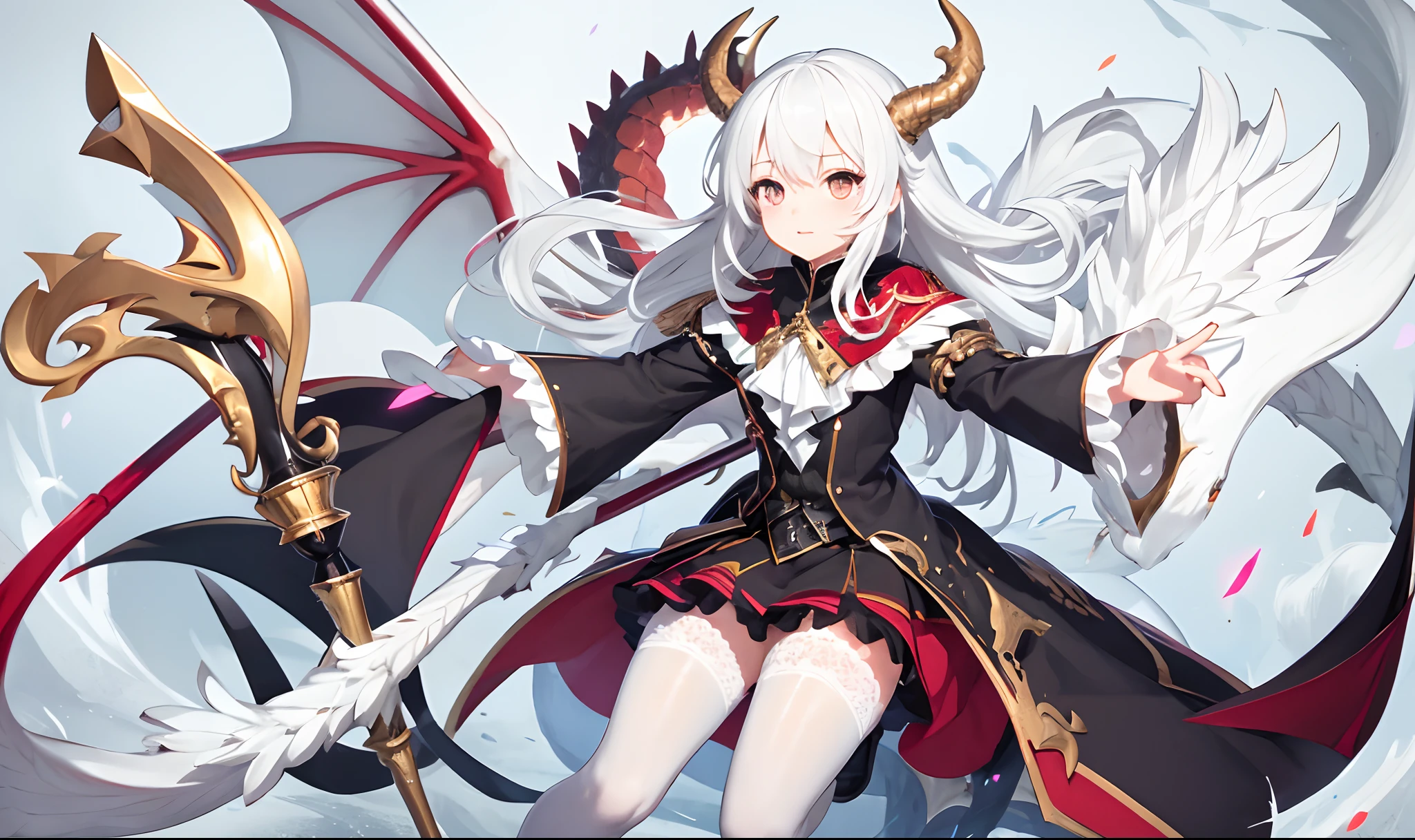 White Hair, Dragon Horns, Girl, White Eyes, , LoliWhite Stockings, Staff in Hand, White Dragon Wings on the Back