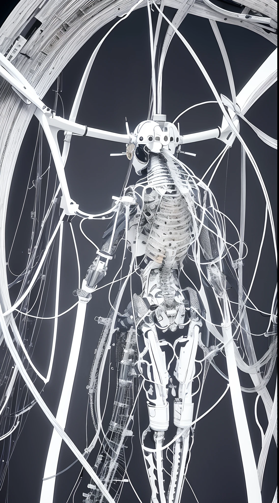 full bodyesbian，（（（tmasterpiece）））， （（best qualtiy））， （ultra - detailed）， （CG illustration）， （An extremely cunning and beautiful））， cinematric light， （（1 Mechanical Girl））， slips， （Machine-made joints： 1.4）， （（Mechanical limb））， （The blood vessels are attached to the tube）， （（The mechanical spine is attached to the back））， （（The mechanical cervical vertebrae are attached to the neck）， （（facing away from the audience））， face expressionless， （wires and cables attached to head and body： 1.5）， scientific fiction， apocalytic， 废墟， Dawn view， zori