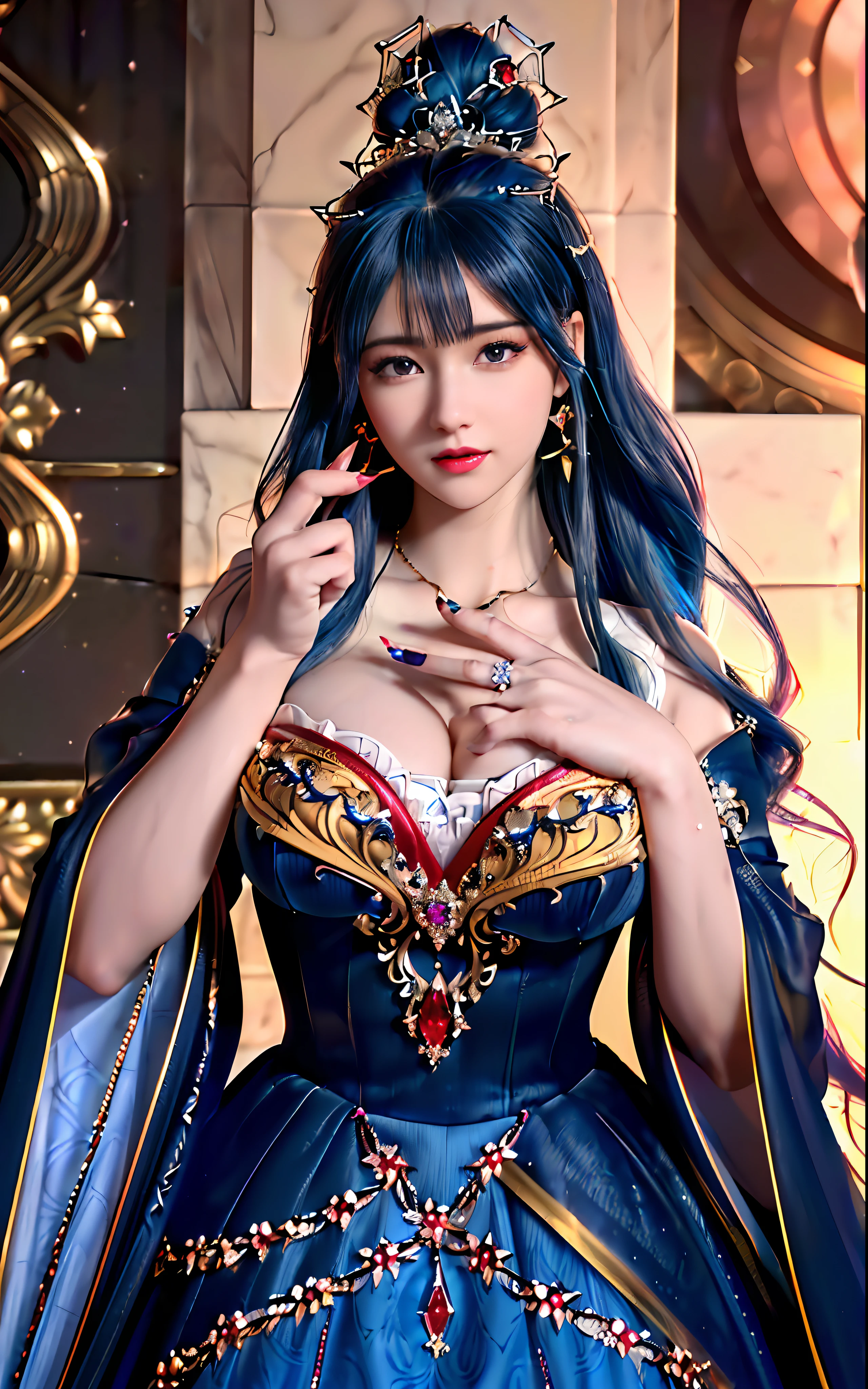 ((realisticity: 1.2)), ((realistic: 8K UHD)), ((best resolution: 8K UHD)), hyper detailed, best quality,masterpiece,highres,cg, ((1 girl hyper detailed and hyper realistic) ) , ((beautiful queen, hyper realistic and hyper detailed)),((white skin, beautiful, smooth, youthful, hyper realistic and hyper detailed )), ((Face hyper beautiful, white, hyper realistic and hyper detailed ) ), long hair, ((hyper realistic and hyper detailed dress)), solo, ((hyper realistic, hyper beautiful, beautiful and hyper detailed jewelry)), ((hyper beautiful deep red and golden yellow dress, hyper realistic and hyper detailed )) , ((Her pretty, hyper realistic, hyper detailed diamond filled earrings)), ((Her gorgeous diamond haircut, hyper realistic and hyper detailed)), ((hyper pretty upper body, hyper beautiful, hyper realistic and hyper detailed) ), ((medium breast: 1.5)), ((hyper realistic, hyper pretty, hyper detailed boobs)), ((the backgroun of the royal palace is hyper majestic, hyper realistic and hyper detailed)),((hands and palms hyper beautiful, hyper detailed, hyper realistic)), ((hyper pretty, hyper pretty, hyper realistic and hyper detailed hair bun)), ((hyper pretty , hyper realistic and hyper detailed blue hair)), candid, Photo, high resolution, 8k , bokeh,