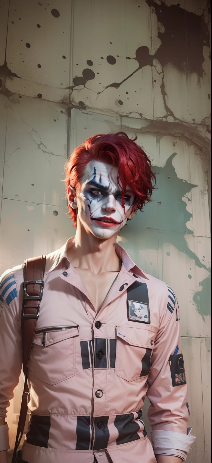 Boy With handphone futuristic background realistic joker face , bule red hair ultra high quality HD