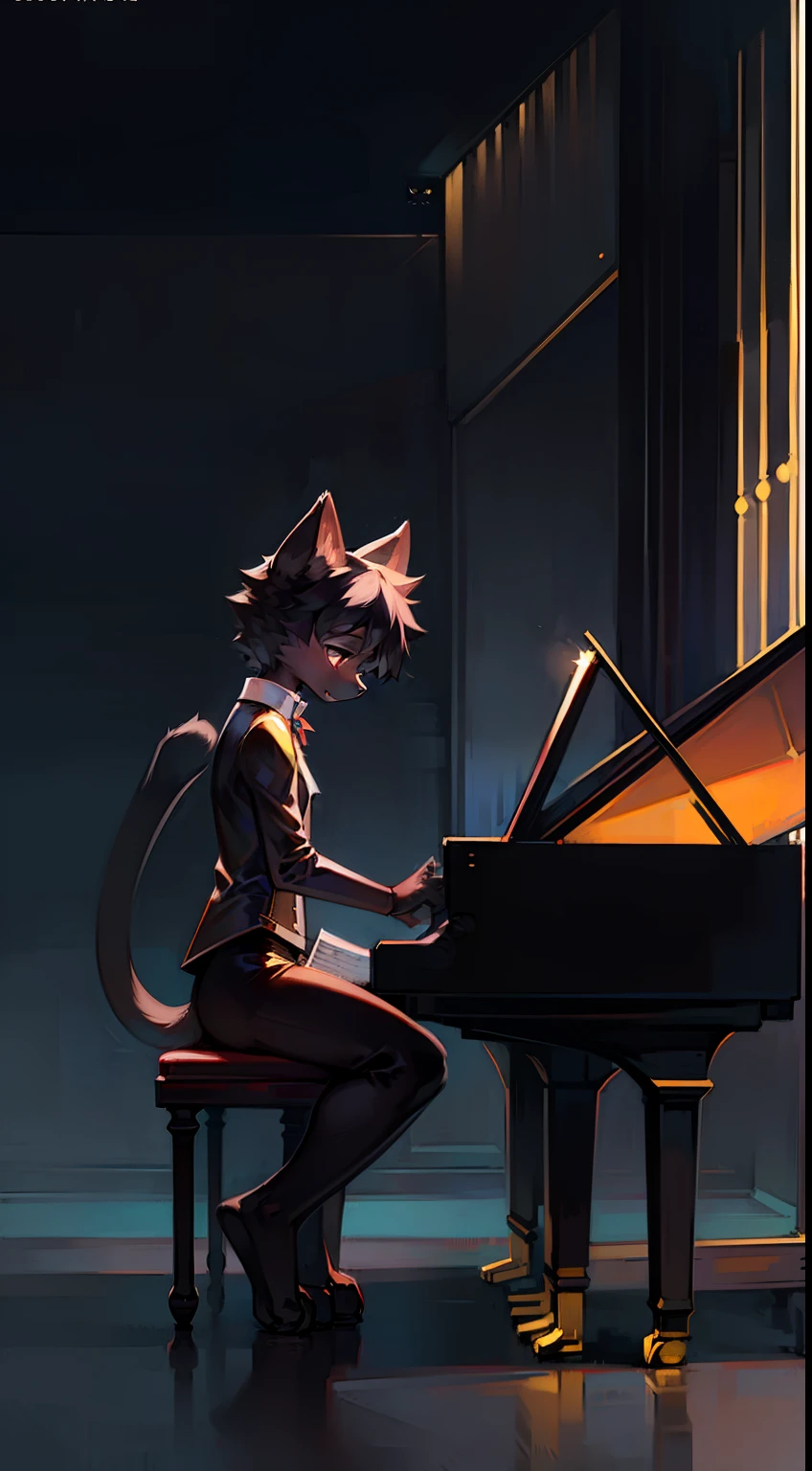 A black cat，Playing the piano，1.3 meters tall cat，furry art，Cats with 4 ears，In the bright opera house