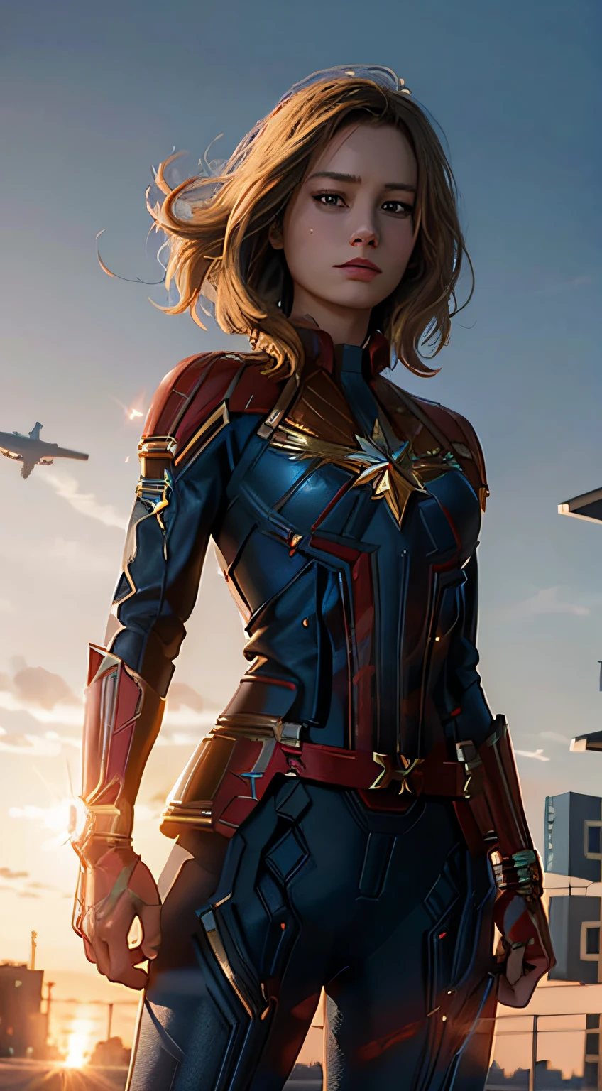 Perfect picture of brie larson as captain marvel, standing in a beautiful pose, ultra realistic, photorealistic, ultra hd