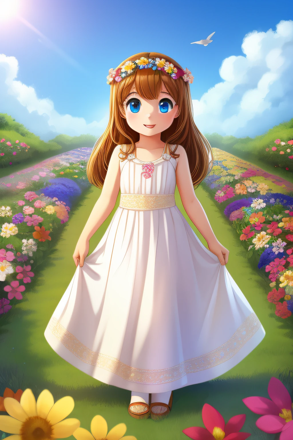 a 3 to 5 year old girl with blue eyes
in a flower garden with golden brown hair wearing a long white dress in the middle of a flower garden with many animals around, looking at the sky