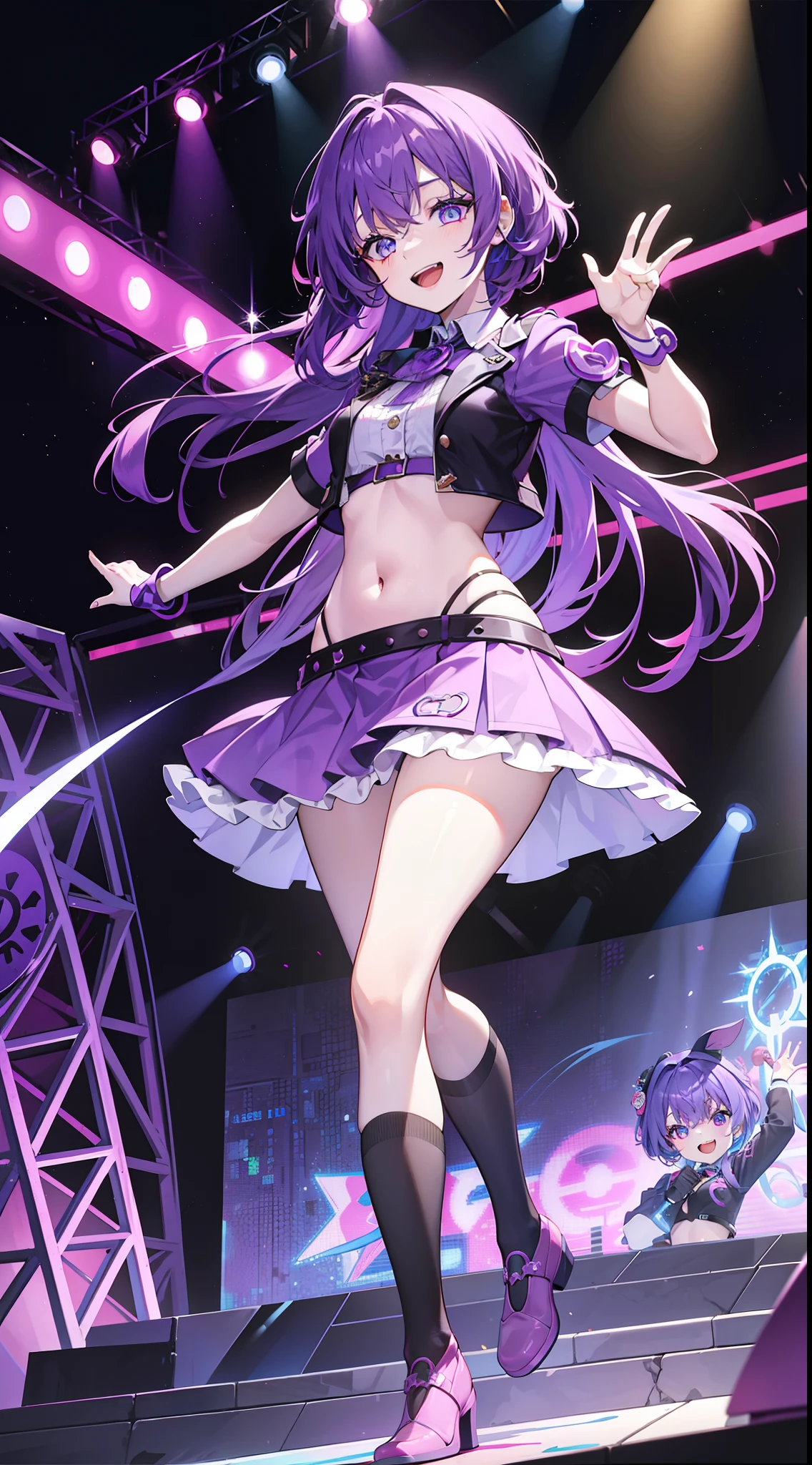 young girl, long bright purple hair, Cyan eyes, ssmile, opened mouth, pop-idol, Red Top, purple skirt, open belly, stage, Masterpiece, hiquality