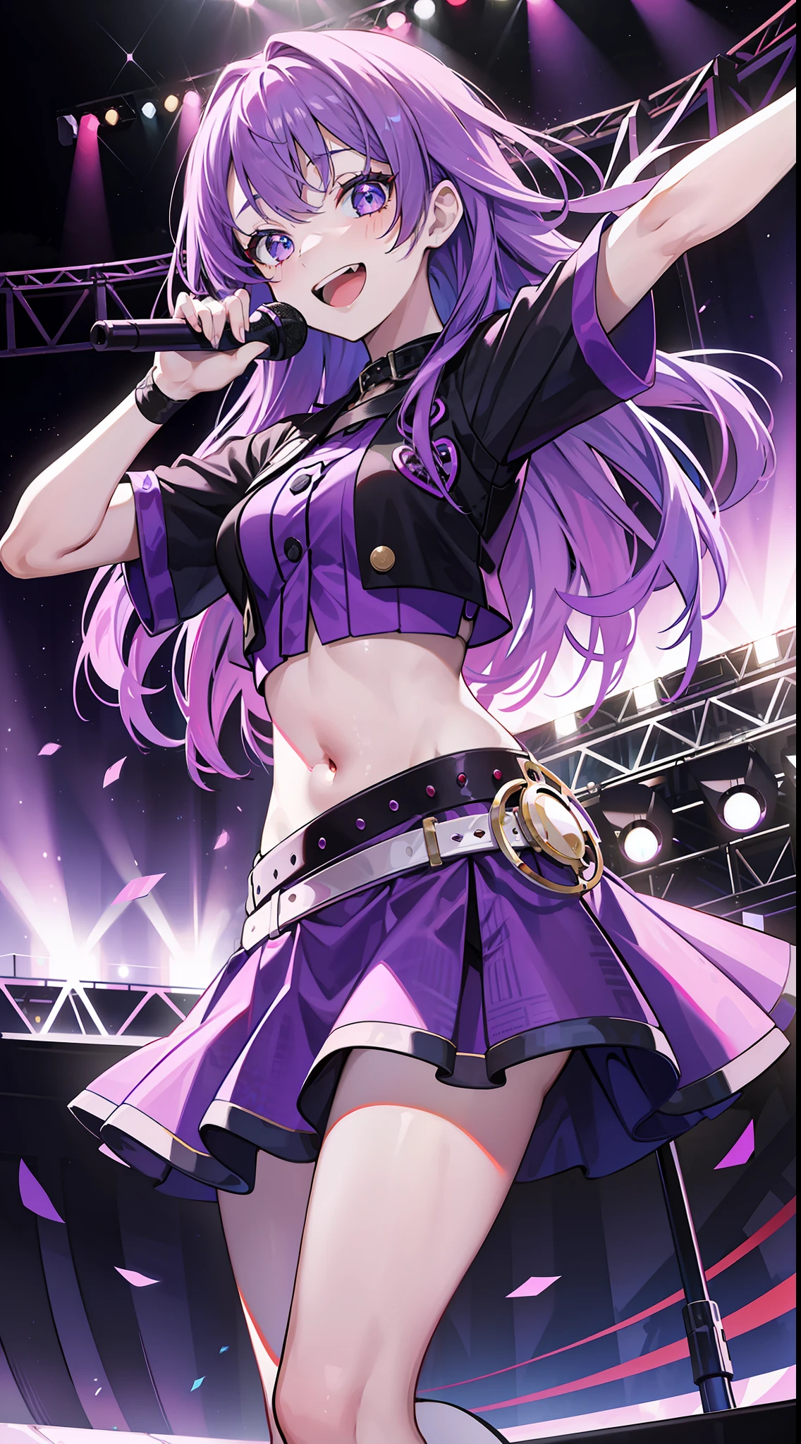 young girl, long bright purple hair, Cyan eyes, ssmile, opened mouth, pop-idol, Red Top, purple skirt, open belly, stage, Masterpiece, hiquality